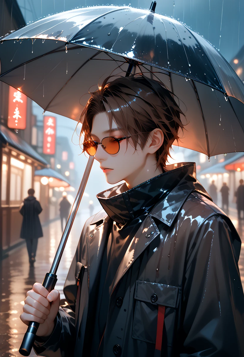 Anime - style illustration of a young man in the rain. He has tousled, reddish - brown hair and is wearing a black raincoat. In his hand, he holds a transparent umbrella with a black handle. The background is a plain, light color, possibly white or light gray, to emphasize the character and the rain. Use a limited color palette with shades of black, gray, and a touch of red in the hair to create a moody and atmospheric scene. Employ clean lines and soft shading to convey a sense of solitude and introspection. --ar 2:3 --s 1200 --niji 5