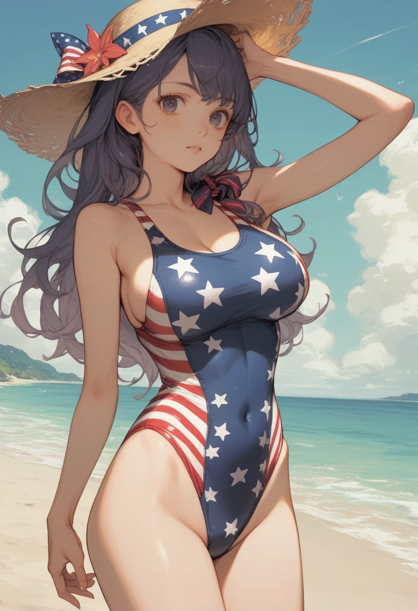((Black hair))), long hair, (((blue eyes))),(((forehead))) sexy, large breasts, beautiful body, masterpiece, smile, (((usa flag print lingerie))),sexy lingerie, hotel swimming pool,busty, buxom, curvy, voluptuous,Sexual Intercourse,