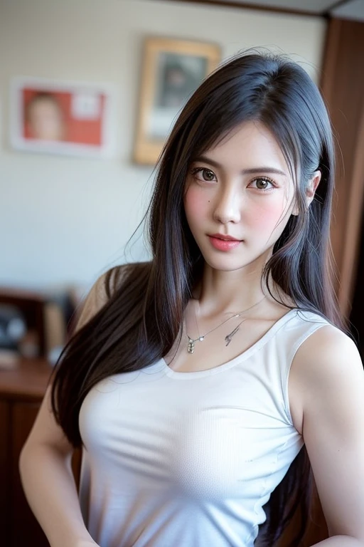 ful dressed, (photo realisitic:1.4), (hyper realisitic:1.4), (realisitic:1.3),
(softer lighting:1.05), (increase the quality of cinematic lighting:0.9), 32k,
1 girl, 20 years old, realisitic lighting, backlight, light on the face, ray tracing, (shine light:1.2), (Increase quality:1.4),
(best quality real textured leather:1.4), finely-detailed eyes, well-detailed face, excellent quality eyes,
(cheerfulness, blush), (jaded, Sleepy and satisfied), close-up of your body and face, tshirts,
(Increase body line mood:1.1), (Increase the beauty of skin texture:1.1)