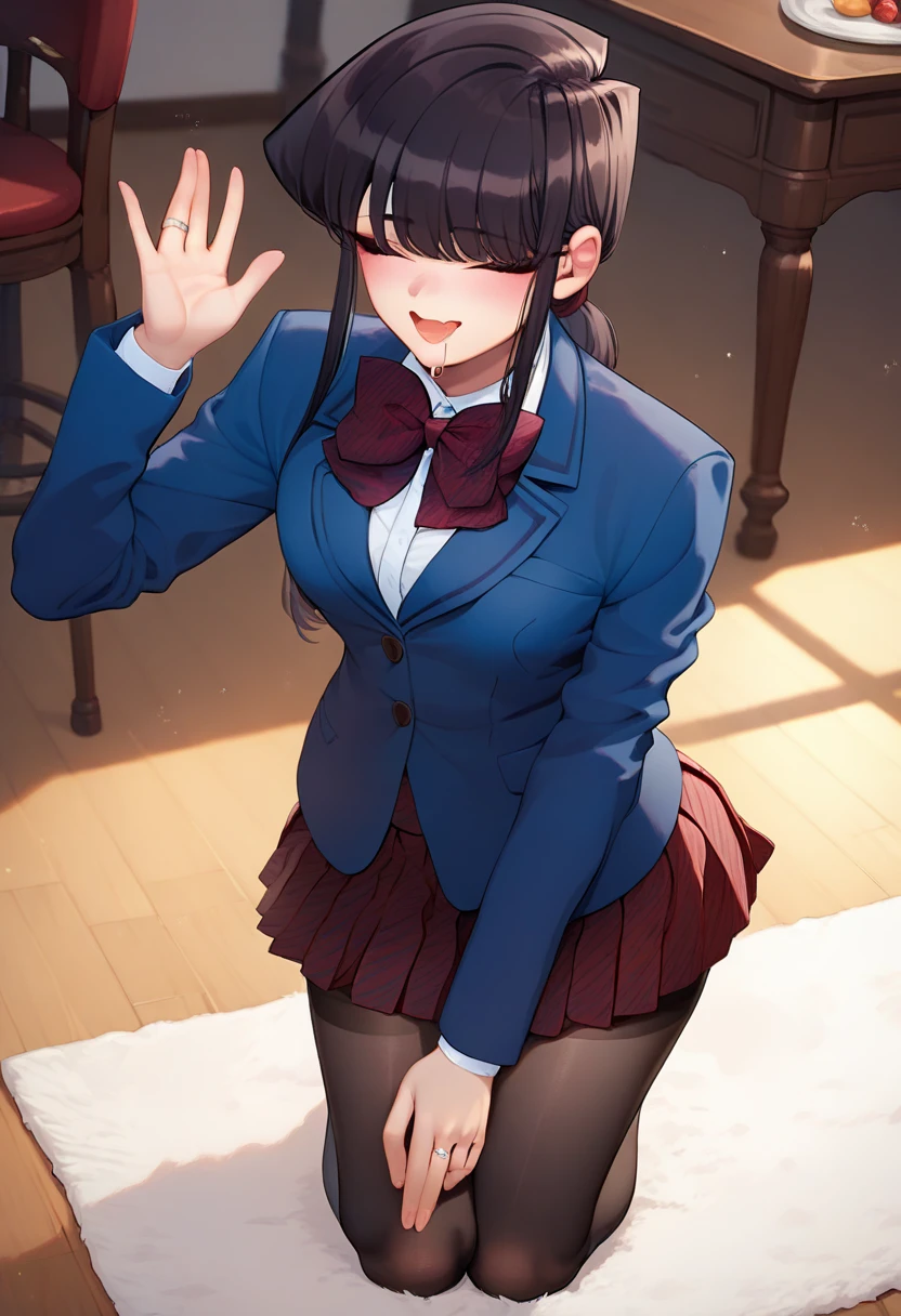 (nsfw),masterpiece,ultra detailed,sharp focus,4k digital art,high resolution,(double peace,peace sign,v sign with both hands:1.5),(suffering and blushed:1.5),bukkake,(adult beautiful face,curvy female),(face focus:1.2),navy blazer,pleated skirt,bow tie,(black hair,medium straight hair),tongue,at public park,night,outdoor,night light,(sweaty:1.2),grinning,cum on face,(trembling,flying heart-shapes),(squatting and spreading legs),open mouth,pubic hair