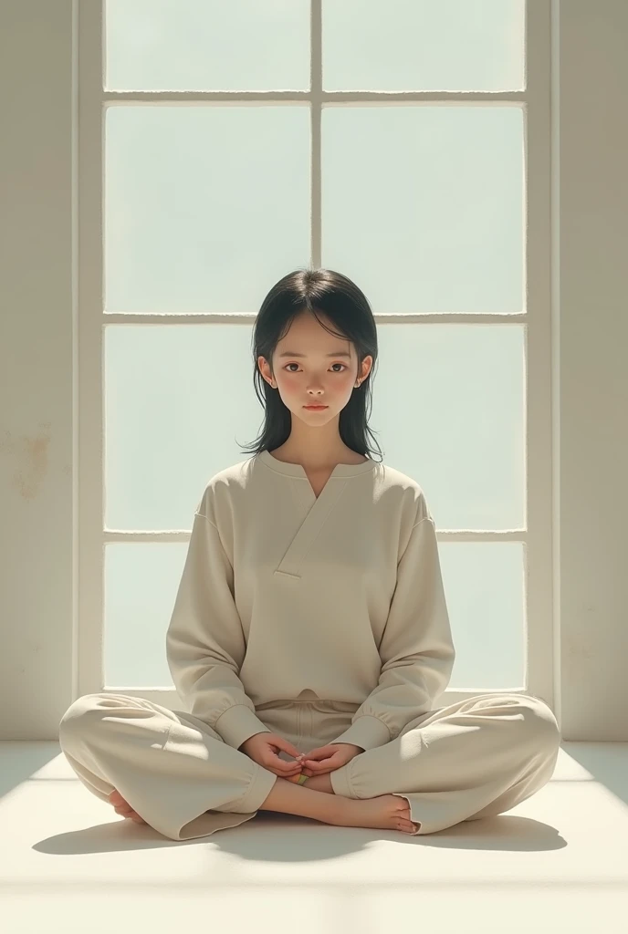 Person meditating. Loose Clothes. feeling of serenity. Background of a fantastic world. cinematic lighting