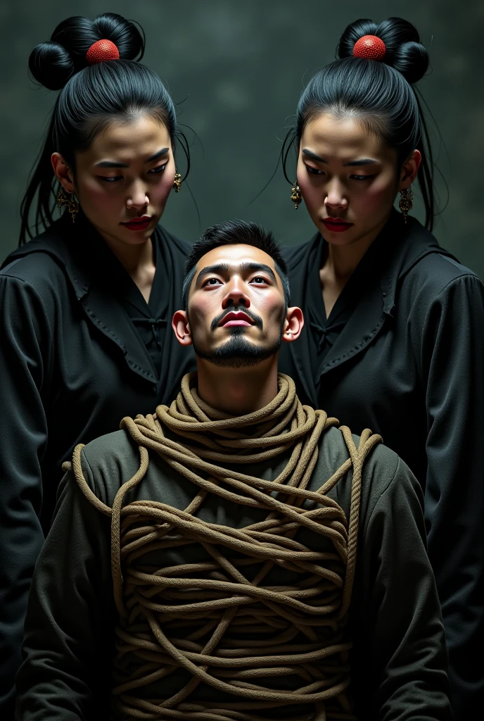 Man wrapped tied up by thick white ropes piles by two Chinese girls