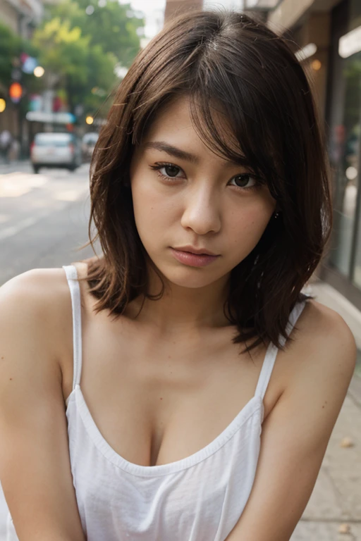 ((highest quality, 8K, masterpiece: 1.3)), Beautiful woman with perfect body in sharp focus, slim belly, ((layered haircut: 1.2)), (white shirt), (street: 1.2), Highly detailed face and skin texture, fine eyes, double eyelid, sexy, black skin, tanned body, exposed shoulders, cleavage