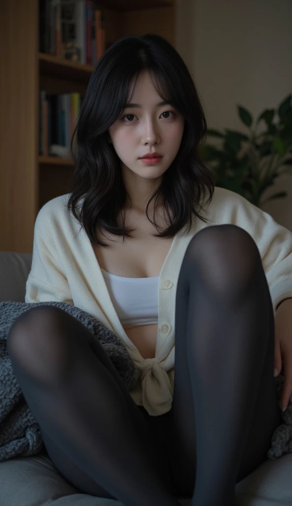 Show entire body, feet in view, 1girl, laying on a luxurious couch, oversized sweatshirt, pantyhose, no shoes, luxury apartment, cityscape, huge windows, soft light