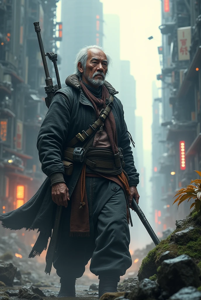 Gon Tai, 70 years, combat expert,  in a futuristic world  , looks where the chaos is with hope and courage 