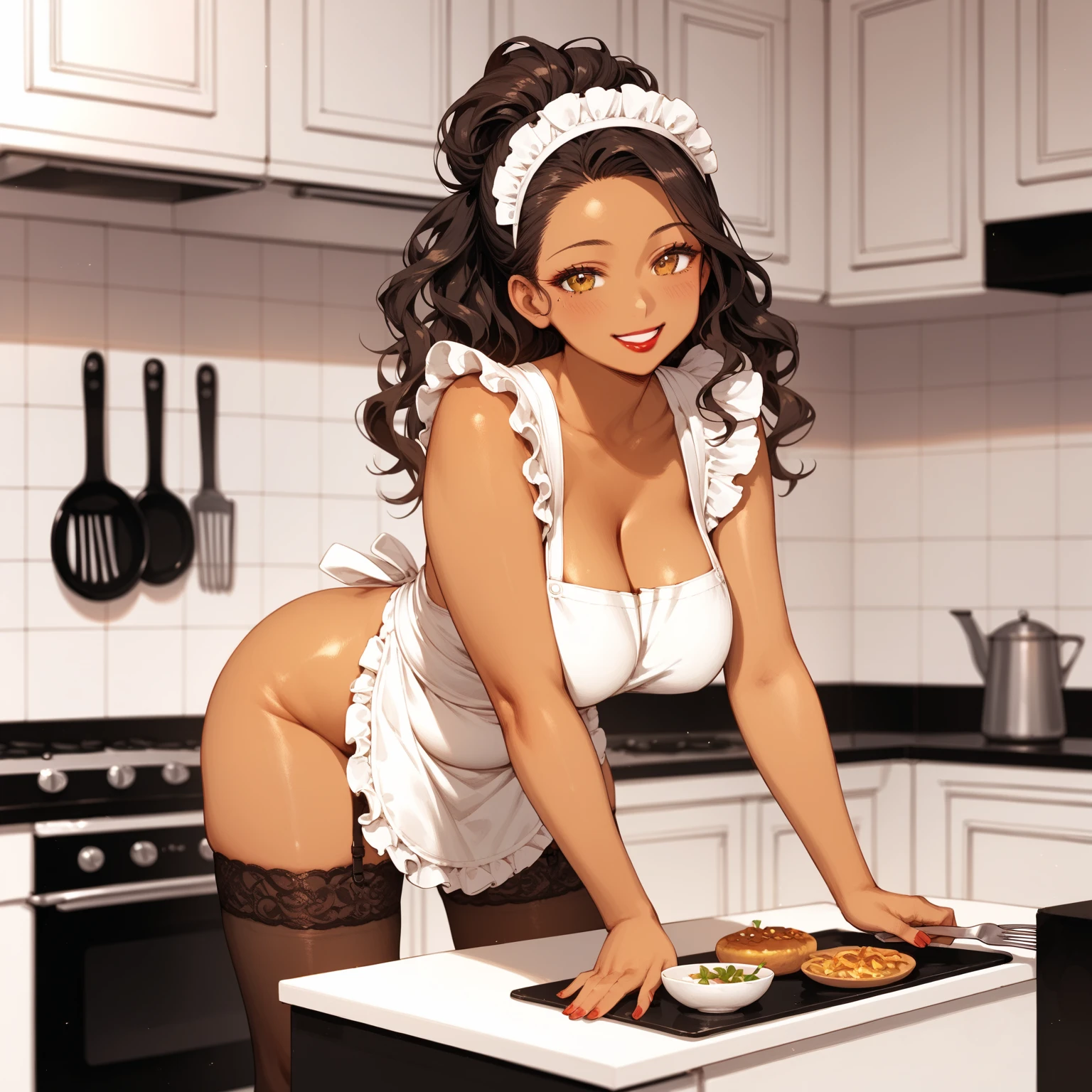 Solo,1 mature maid,(((naked breasts))), ((wet camletoe)),(Sit on the cupboard),((spread legs)),((((Hand takeing off apron)))),(thick body),(wet white apron), Wet white pantes ,(((Dark skin))),trending on artstationh, Intricate details, Highly detailed,, intricate face details,Curvy physique, (Thick body),at the kitchen，vibrant, 4K, Intricate details, big breasts enchanting, Professional manufacturing,  12k resolution,(Seductive smile),Black hair