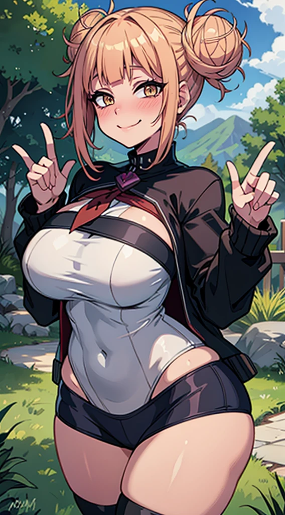 (masterpiece, best quality:1.2), cowboy shot, solo, 1girl, mavis dracula, grin, hand on hip, ahoge, blue eyes, black tube top, red short shorts, black fingerless gloves, midriff, cleavage, small breasts, point of view, cleavage, looking up, exposed breasts, detailed nipples,