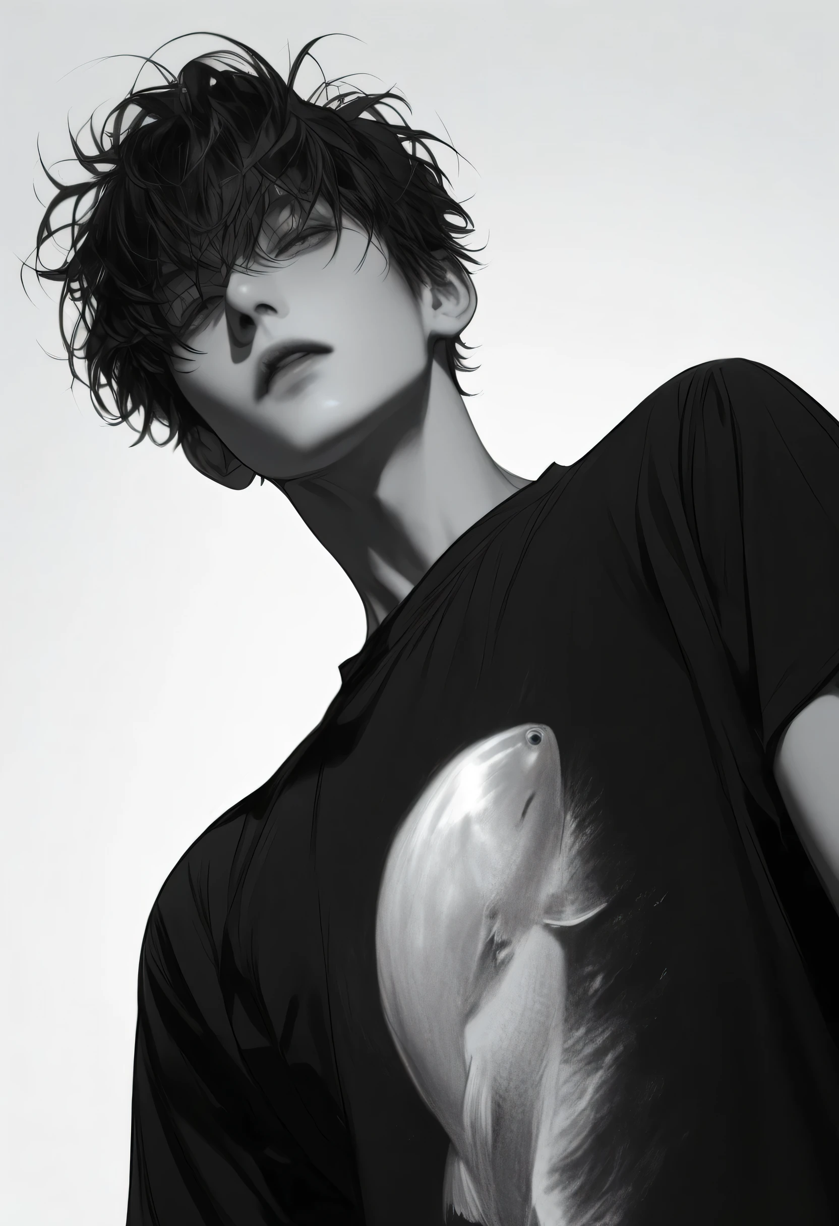 :Linear animation,black and white boy,handsome boy,Bow your head,salty fish-eyed expression,Broad shoulders and narrow waist,Tall,has a very decadent temperament,Black T-shirt,strong ones,has messy hair,45 degree viewing angle。
