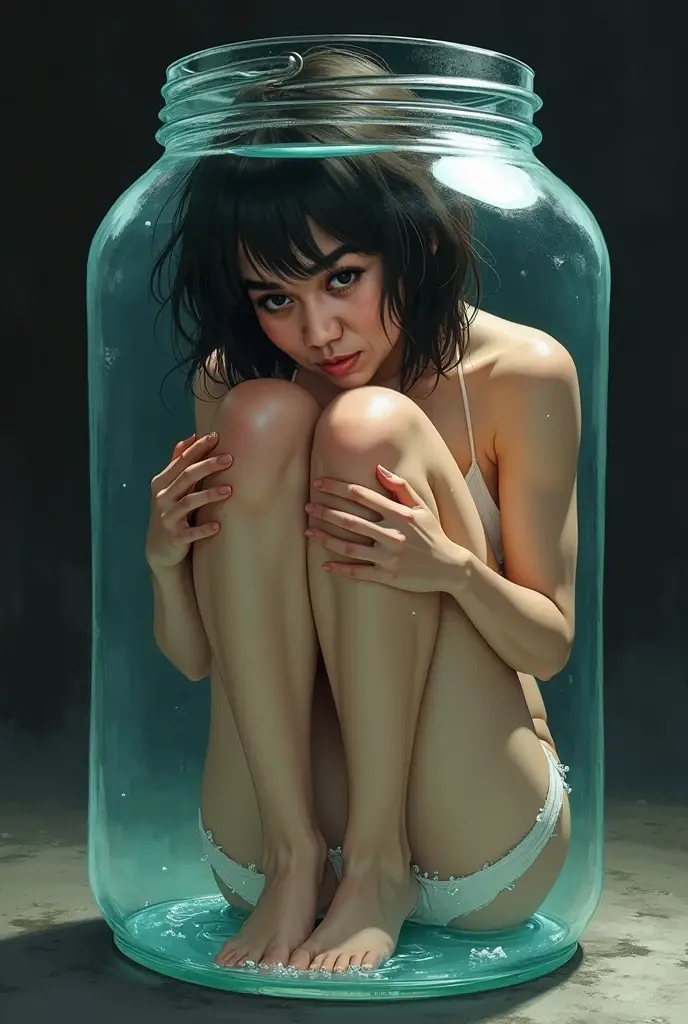 A beautiful girl with very large breasts without a swimsuit is lying in the bathtub and blue tentacles of mucus are wrapped around her