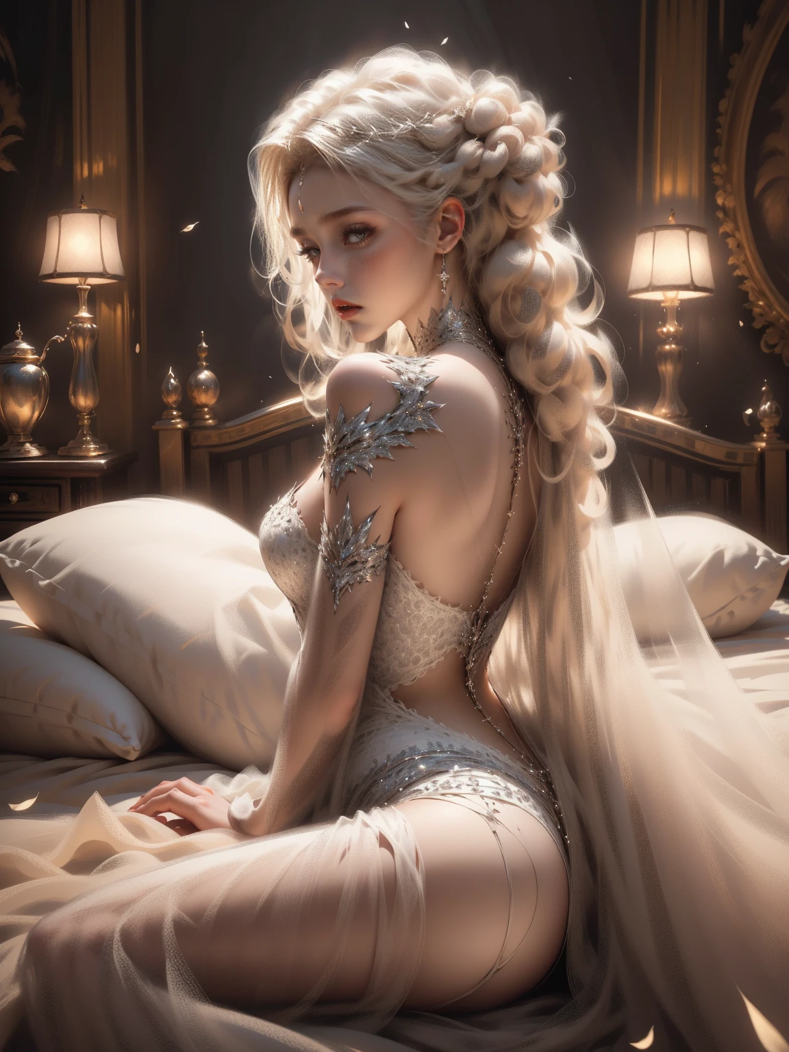 A beautiful blonde woman with long flowing hair, laying seductively on a bed, very sexy, wearing a delicate white lace dress,(white dress), (white robe), sensual and alluring,(best quality,8k,highres,masterpiece:1.2),ultra-detailed,(realistic,photorealistic,photo-realistic:1.37),detailed face, beautiful eyes, long eyelashes, full lips, soft skin, elegant, graceful, feminine, dramatic lighting, cold color tones, chiaroscuro,cinematic,glamorous, backwards, looking back
