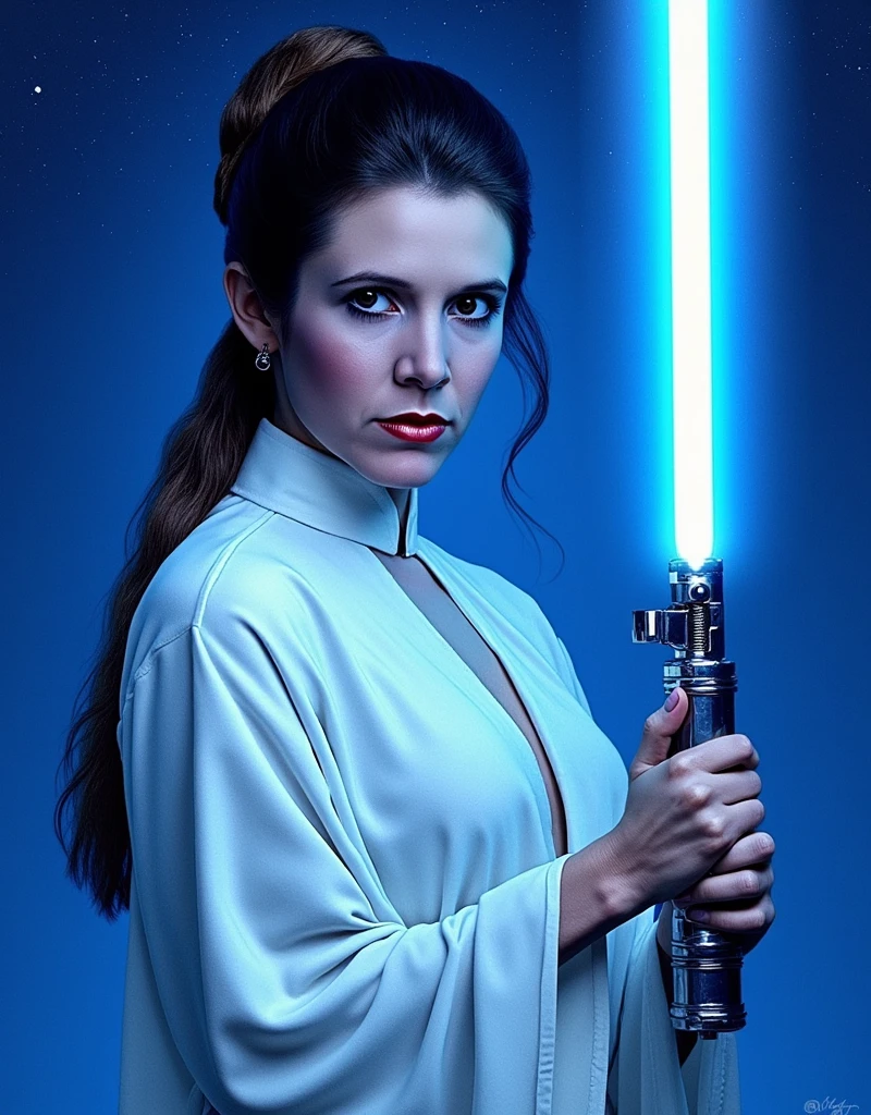 (masterpiece, high quality, high resolution, Realistic photo, фотография) Samara Weaving She's holding a blue lightsaber. She is wearing white clothes., hair in a bun. The background is blue with stars.