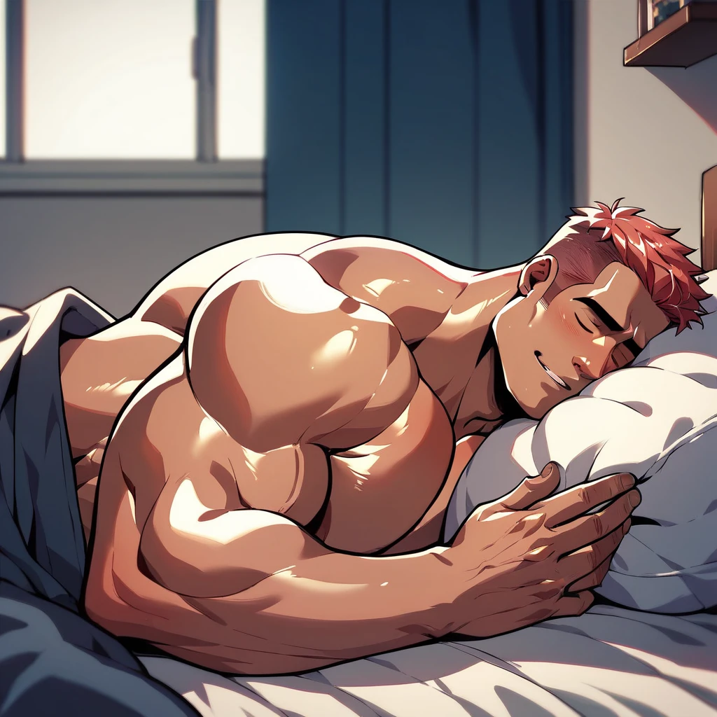 A middle-aged male,Mature muscular man,huge muscle,Wide shoulders,Thick-breasted,Huge crotch bulge,bared chest,Lie on your side in bed,While sleeping,Cortical collar,Cortical straps,Leather set,(Tight shorts),(With an eye patch),(Hands are handcuffed),Indecent expressions,(Drooling 1.3),A bunch of urine stains,Wet diapers,(spread their legs),Shoot from top to bottom,facing to audience,Holding urine,leaked pee,Pee your pants,Spray urine,Damping plates,high detal,High- sharpness,tmasterpiece,Full body photo,in a panoramic view