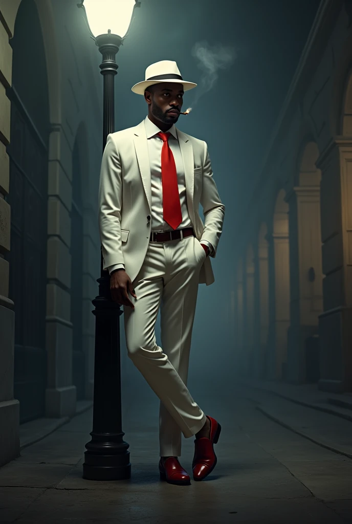 Black man in a white suit red tie and white hat, Red shoe, smoking cigarettes, Leaning against the lamp post, shadowy fog, In the background of the image the arches of Lapa Rio de Janeiro, realista
