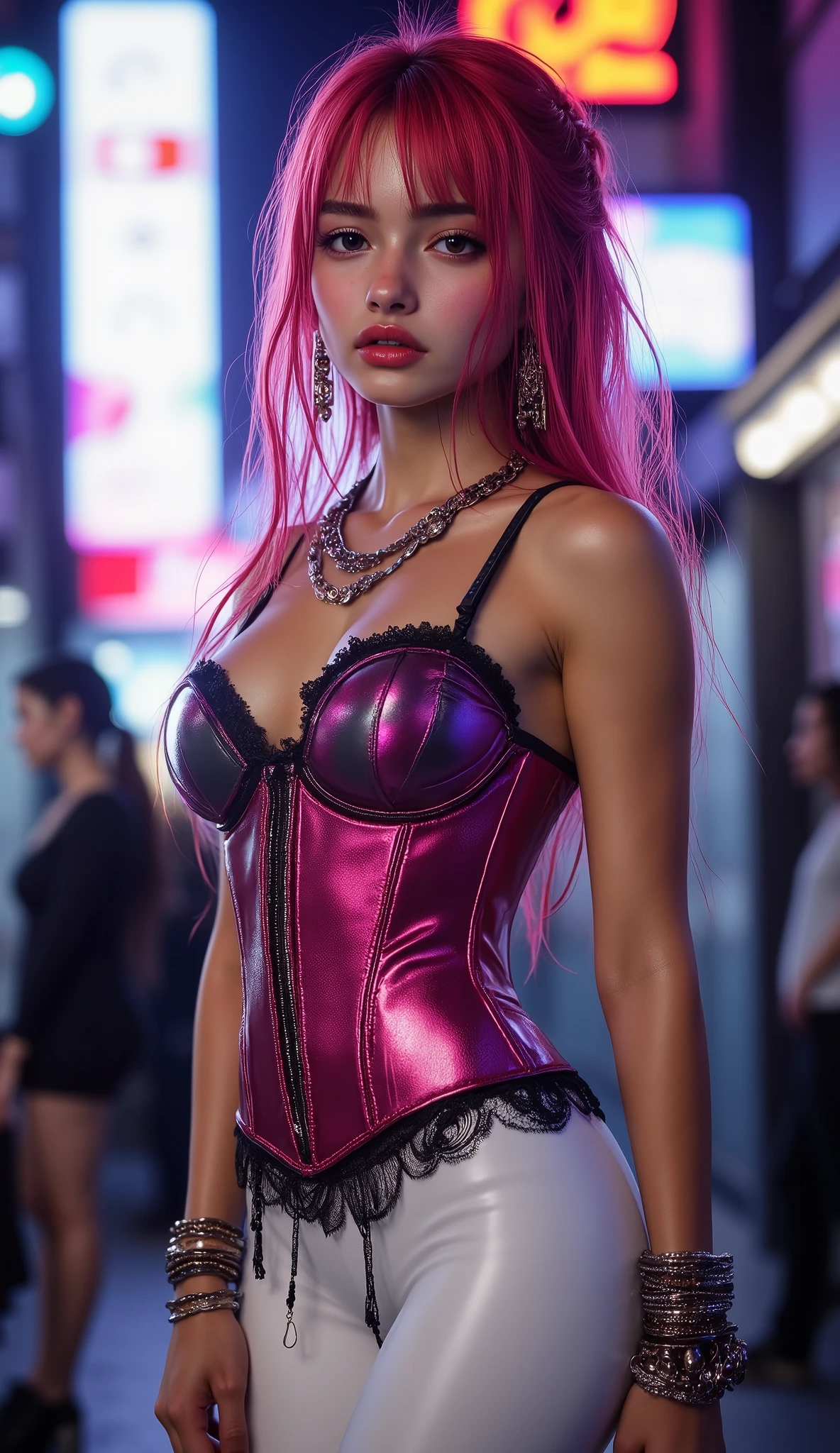  [Style: - "8k, masterpiece, realistic, photorealistic realism, hyper high resolution" - "highest quality, intricate, ultra-detailed digital art, (ultra_detailed, UHD:1.2)"] (Key Directive: - "The priority is the anatomical accuracy and texture of the materials" - "Ultra-sharp human eyes with biological accuracy") dress a beautiful girl with a perfect figure in something nice, made of available materials [((leather)), ((jewelry)), bracelets, pendants, earrings], I encourage you to draw them at the same time, {Character: "((full body shot:1.3)) , beautiful girl , perfect female skinny body , full bodyesbian , ((Beautiful long legs in good style:1. 25)) ((no bra , no panties:1 . 3)) (medium butt) (perfect hot model body:1 . 4) (slim belly: 1 . 2) (muscular body) ((firm and full breasts:1.4))]" | Face: "full lips, pink lipstick, intense gaze" | Eyes: - "((sharp focus, no blurry eyes, Hyper absurd quality, Hyper details, Hyper realistic brown eyes:1.3))" - "((extra narrow eyebrows))" - "(Carefully draw Long blue_mascara:1.2)" - "(perfect round eyes)" full bodyesbian, High Contrast, muted colors, long legantasy style)),((no Pantieposing thighs)), ((magenta lace-up corset)) , ((white color dress)) , (magenta: lace-up) , [((white: tight latex pants, squeezing into the butt))] , (long legs) , ((Long Messy pink Pony with Braid , {((turning back , back shot))} , ((Intricately detailed multi-layer lace corset)) , ((earrings , diamonds , necklace , (gold) , bracelets , valuables), (city night, neon sign) (night), (Rendering engine: "Unreal Engine 5 path tracing, 16K texture maps") | The ultra-Highres,Unreal 5,Subsurface scattering,PBR Texturing,Post-Processing,Anisotropic Filtering,depth of fields,Maximum Sharpness and Sharpness,multi-layered texture,Albedo and Specular maps,Surface Shading,Precise simulation of light-material interactions,perfectly proportions,Octane rendering,Two-tone illumination, Wide Aperture, low ISO, white balance, The rule of thirds