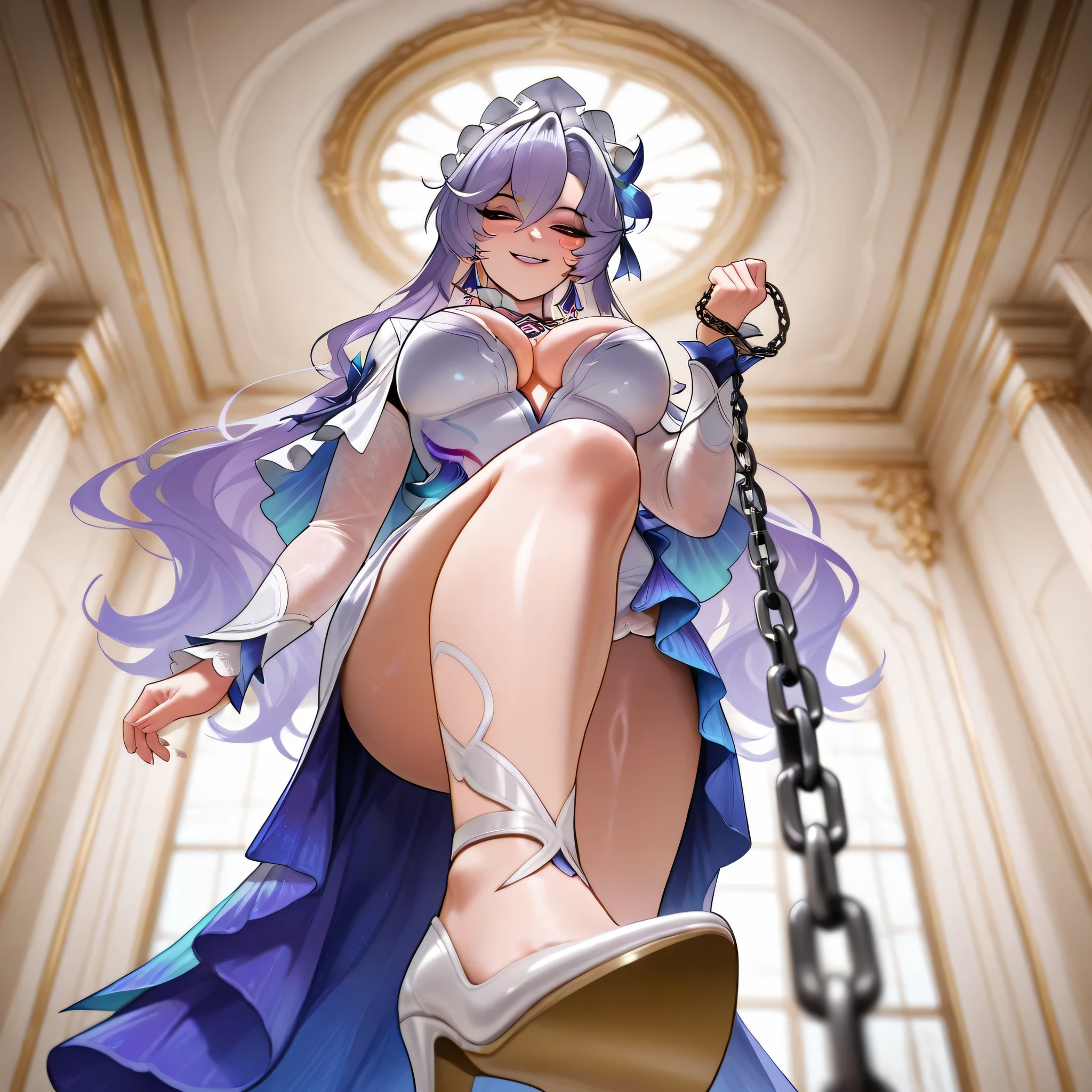 masterpiece, best quality, high quality, amazing composition, solo, cantarella \(wuthering waves\),1 girl,alone,big breasts, standing on one leg, holding chain, pulling chain, stomping, legs raised, feet focus, from below, 1 girl, mature woman, milf, solo, cowboy photo,
looking at viewer, flirty,flirtatious,smiling, seductive, looking down,
long hair,high heels,dress,face marks,white high heels,white dress,high heels,single high heels,big breasts,purple eyes,hair ornament,purple hair,cleavage,white heels,shiny dress,
Feet facing viewer (position:center), seen from below and close-up (perspective:low angle, close-up), holding chain, pulling chain, from below, center image