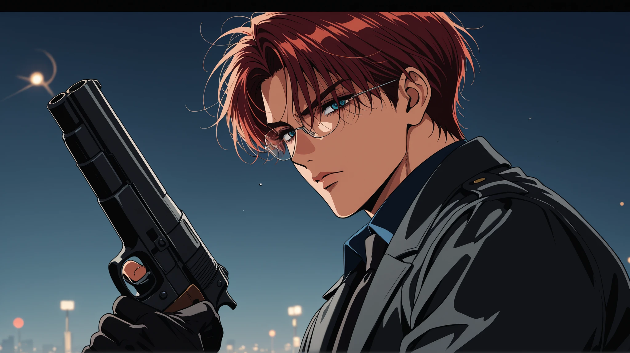 (ARMED MAN RUNNING AFTER THREE SUSPICIOUS MEN ON DARK CITY GANG STREET AT NIGHT RETROWAVE 90S