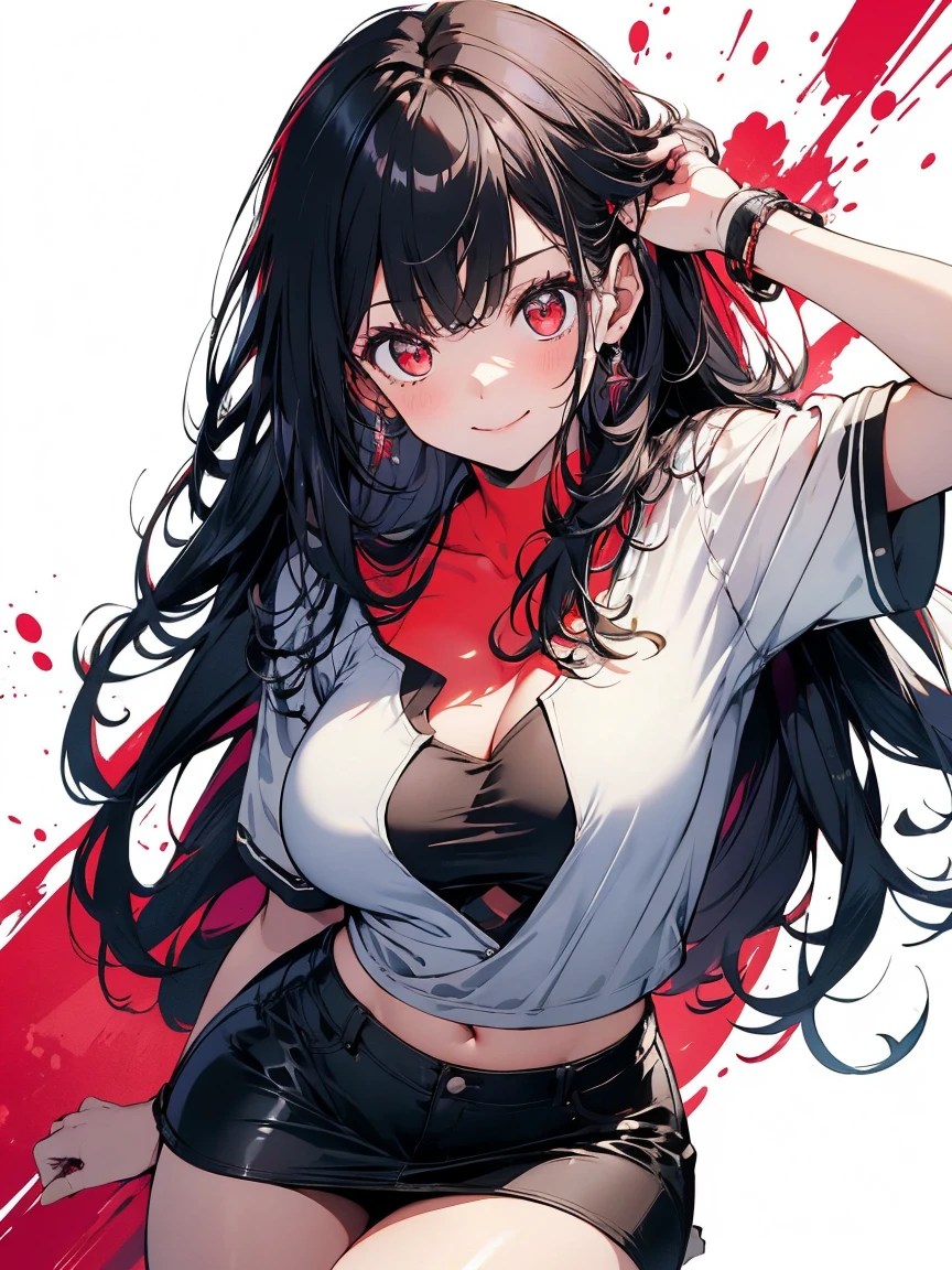 (((1girl))), hands up, brown long hair, tank-top, jacket, open shoulder, cowboy shot, bikini, medium breast, red background, open mouth, stick out her tongue out at viewers, red eyes, flushed, yumeko jabami