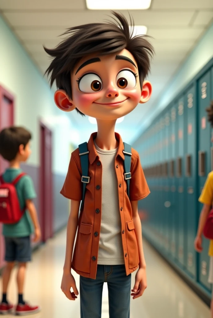 An 18-year-old boy in the middle of the school corridor, tall, brown hair, brown eyes, dimples, a round face, kind, thin with a smile, a half-boned face, white skin