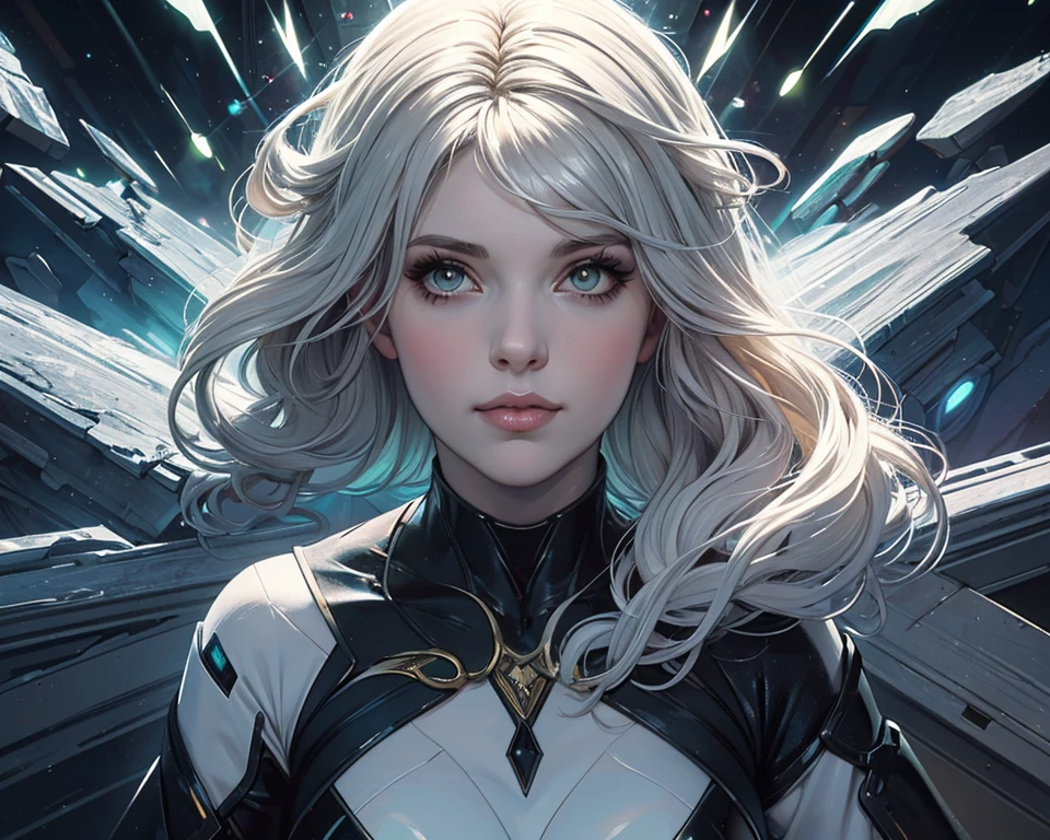 close up portrait of a digital art illustration of a woman with white hair, wlop and rossdraws, nick silva and ilya kuvshinov, iridescent and silver colour, A massive sculpture that combines organic, flowing curves with soft, defined geometric angles and fluid lines, monochrome background in a deep gray tone, Sculpture Materials of polished chrome and rock crystal, with hints of brightly luminous elements that pulsate with energy, complex transitions between the organic and geometric component, The textures and interactions of the different materials on the surface of the sculpture, Atmosphere Powerful and dynamic, creating a sense of tension between the wild and the controlled