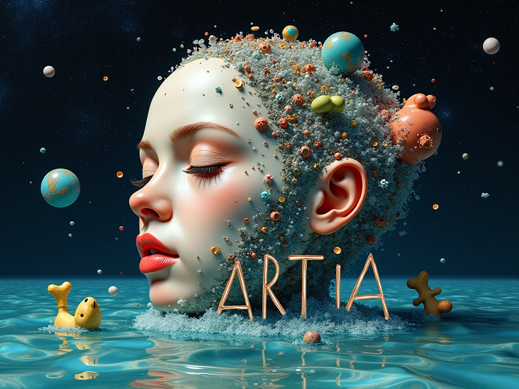  Logo written on it "SEART IA ": A surreal collage of human faces, handwritten notes, satellite images and hood toys, all melting and merging together, suspended in a digital ocean under a starry sky of floating algorithmic symbols.
