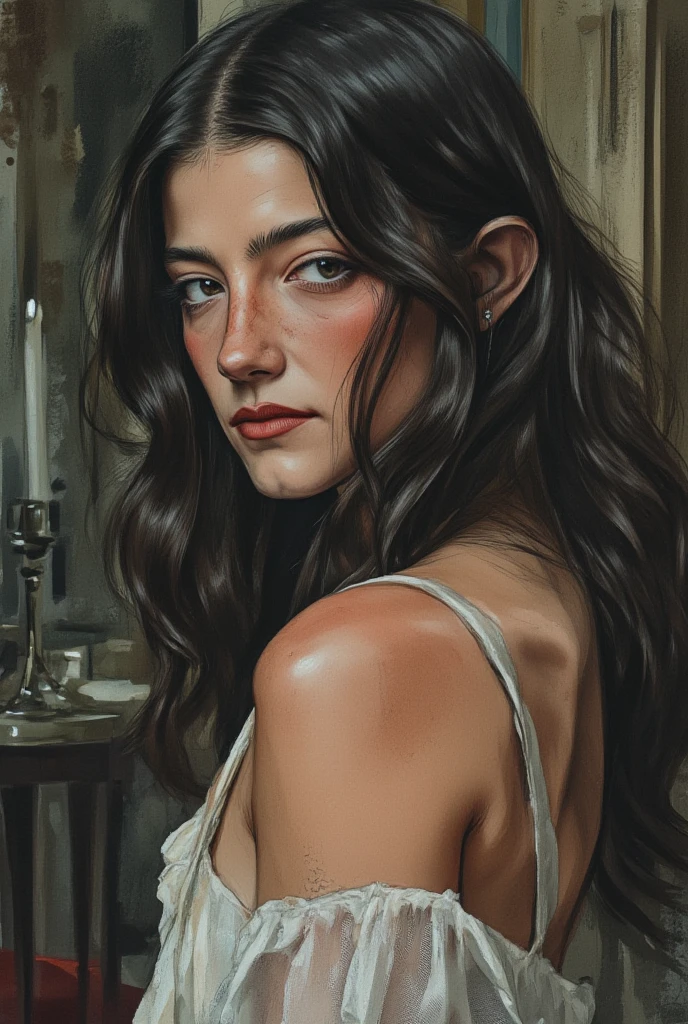 Créez un portrait de Carmilla par Sheridan Le Fanu, femme adolescente, longs cheveux frisés noirs, gothique. Elle porte une chemise de nuit transparente légère blanche laissant apercevoir ses mamelons.  Son expression est énigmatique , a blend of seduction, , and predatory hunger, as if she is both inviting and warning against her dark embrace. Small breast and deep cleveage. mamelons visibles. 19 ans. Expression sensuelle et timide. Nudité douce