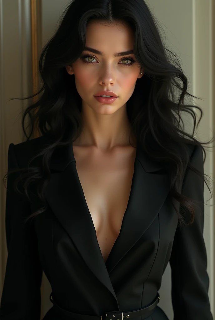 I want an ultra realistic image of a full body woman dressed, with black hair, greeneyes.  