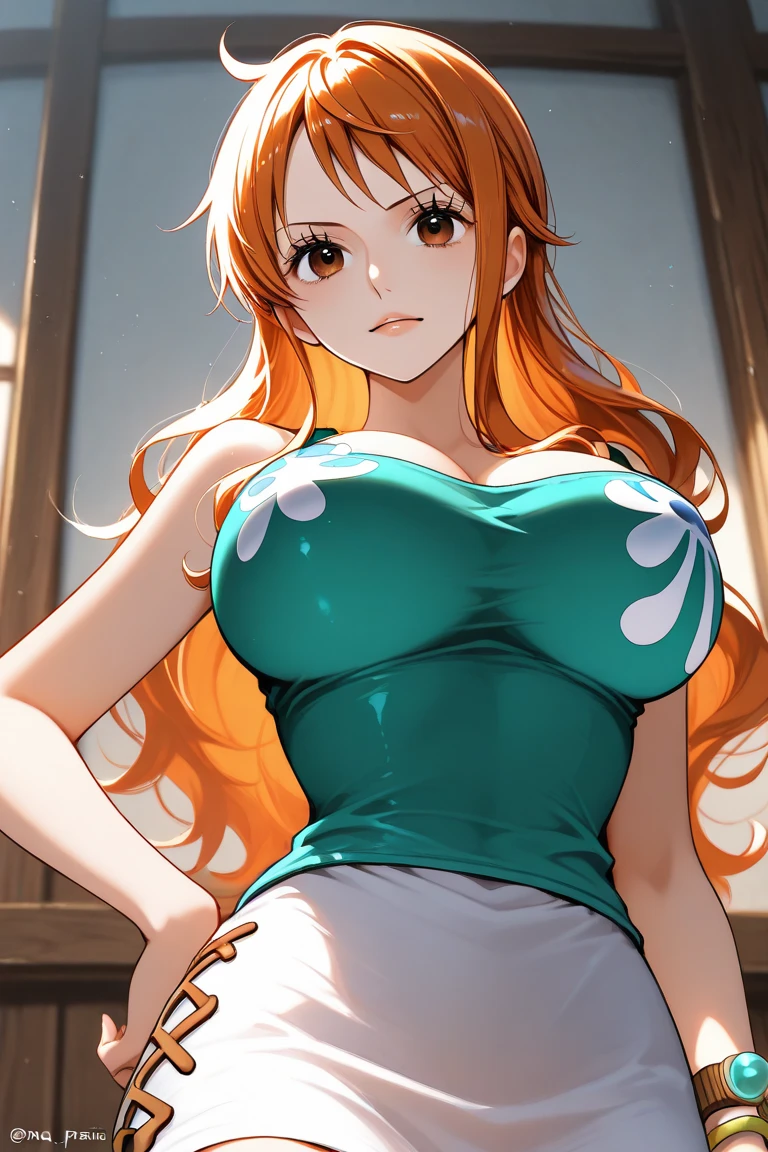 (((masterpiece))), (((best quality))), ((ultra-detailed)), (highly detailed CG illustration), Nami, (nsfw:1.2), (masterpiece:1.5), Detailed Photo, Smiling, Sexy, (Best Quality: 1.4), (1girl), Beautiful Face, (Orange Hair, long Hair: 1.3), Beautiful Hairstyle, beautiful detail eyes, (realistic skin), beautiful skin, absurd, attractive, ultra high resolution, high definition, (sexually aroused:1.5), Pinkish white skin, cool white light, sexy pose, Beautiful , white background, pink soft white light, Wear a white tank top,