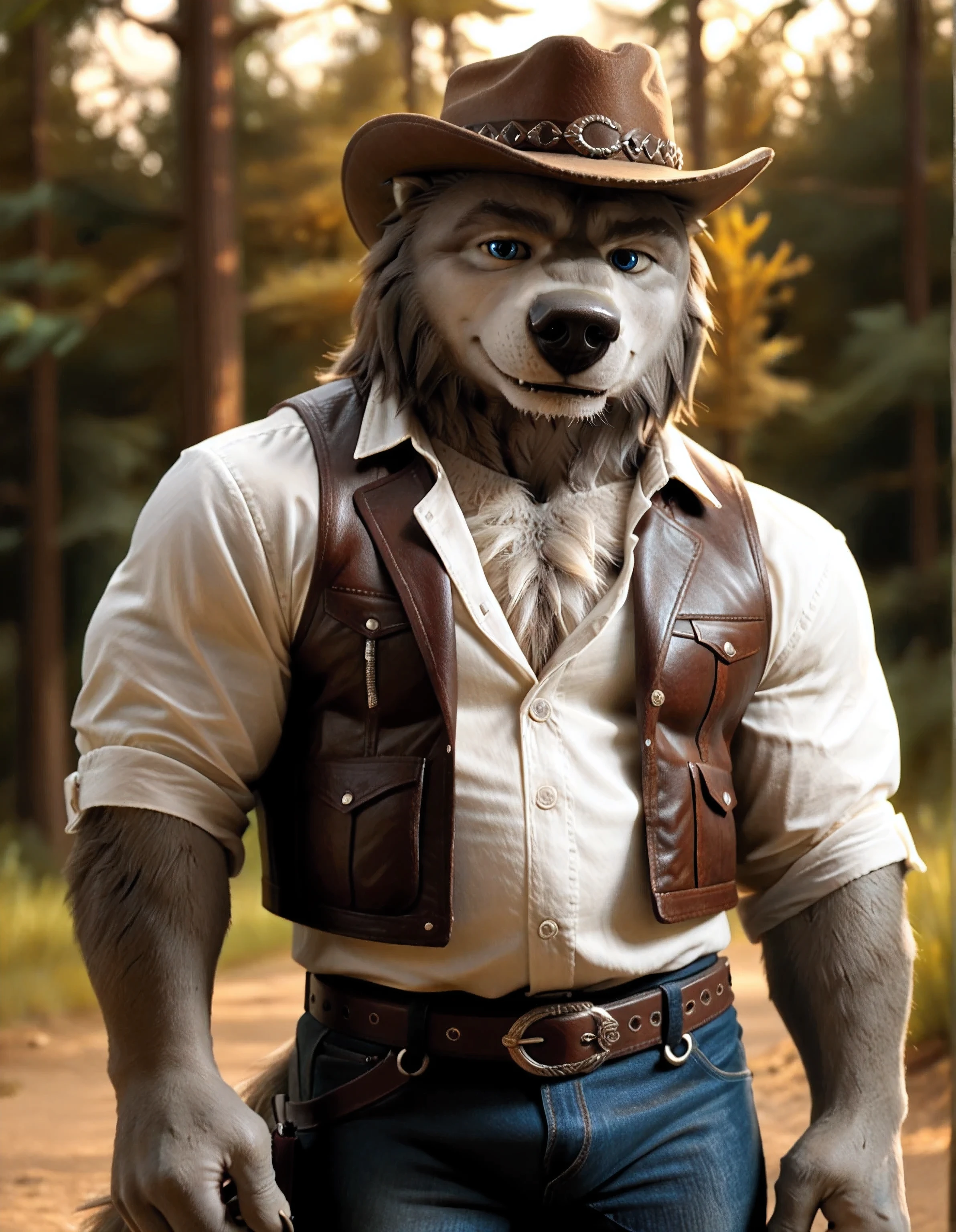 WinstonAO, high quality, looking at viewer, evening, forest road, in shadows, black speedos, male, wolf, old wolf, solo, grey fur, blue eyes, anthro, muscular, wide shoulders, (big body, thick arms), mass, strong chest, strong, subtle smile, gentle face, posing, realistic, correct lighting, correct shadows, sharp focus, high quality, detailed, t4r4nf1dd13r, front view, belt, leather black jeans, vest, leather vest, stetson, cowboy hat