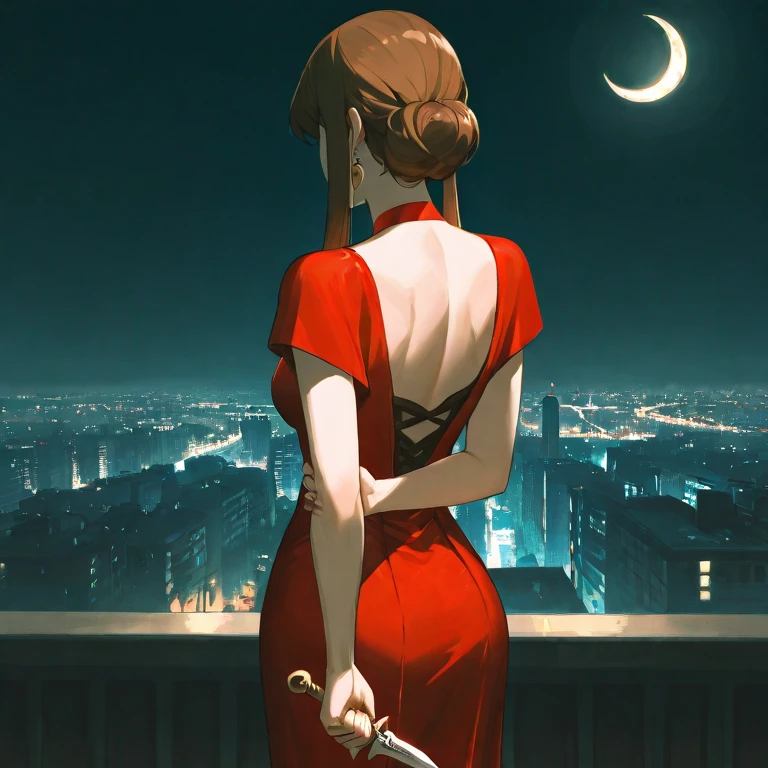assassin、Women have long, straight, brown hair、she has a dagger in her hand、The background is the crescent moon visible in the city at night、Women wear something like red dresses、The atmosphere is like Yol from SPY x FAMILY
