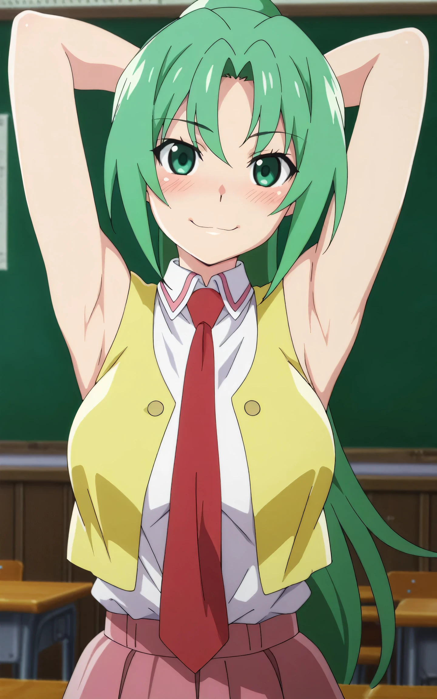 masterpiece, best quality, amazing quality, anime screencap, anime coloring, 1girl, solo, Mion Sonozaki (character), sonozaki mion, long hair, green hair, green eyes, ponytail, Mion school uniform (outfit), necktie, yellow vest, red necktie, white shirt, sleeveless, bare shoulders, bare arms, arms behind head, armpits, head towards viewer, looking at viewer, smile, blush, closed mouth, (front light:1.1), indoors, classroom