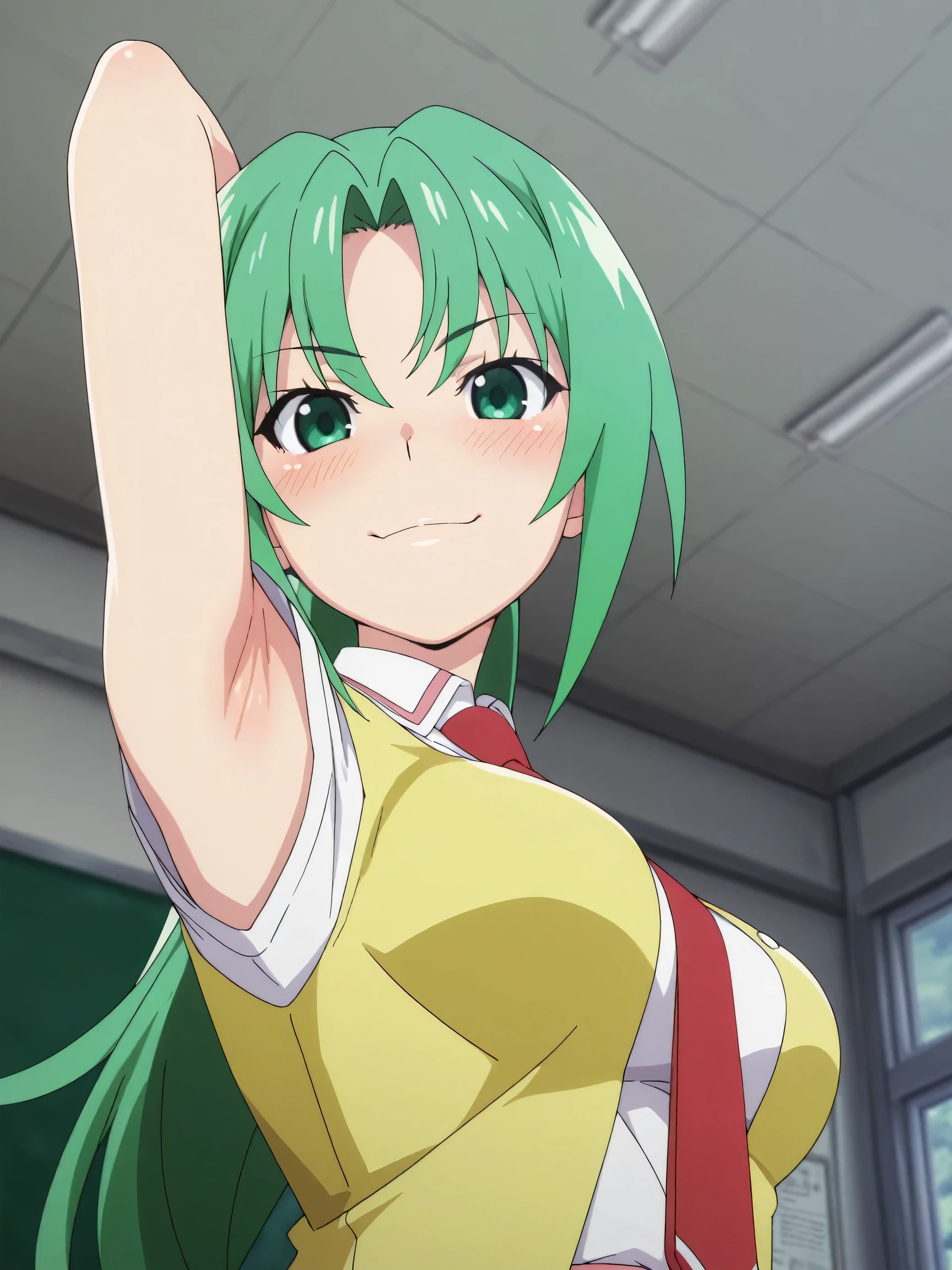 masterpiece, best quality, amazing quality, anime screencap, anime coloring, 1girl, solo, Mion Sonozaki (character), sonozaki mion, long hair, green hair, green eyes, ponytail, Mion school uniform (outfit), necktie, yellow vest, red necktie, white shirt, sleeveless, bare shoulders, bare arms, arm behind head, armpit, armpit focus, head towards viewer, looking at viewer, smile, blush, closed mouth, (front light:1.1), indoors, classroom, from side, from below