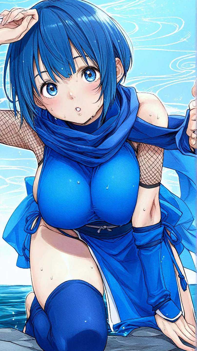 (One lady)、One Man、Blue hair, Short hairstyles,Bob Hair、Bobhead、bobhair、short-cut、blue color eyes,(large full breasts:1.4)、(breastsout:1.4)、(thighs thighs thighs thighs:1.35)、(Valley:1.3)、(SEX) , doggystyle, (1boy:grabbing from behind), sex from behind,Beautiful expression、beautidful eyes、blue eyess、(Sweat), (blush:1.3), one eye closed,(sweat on the body),(Open your mouth wide to the maximum)
