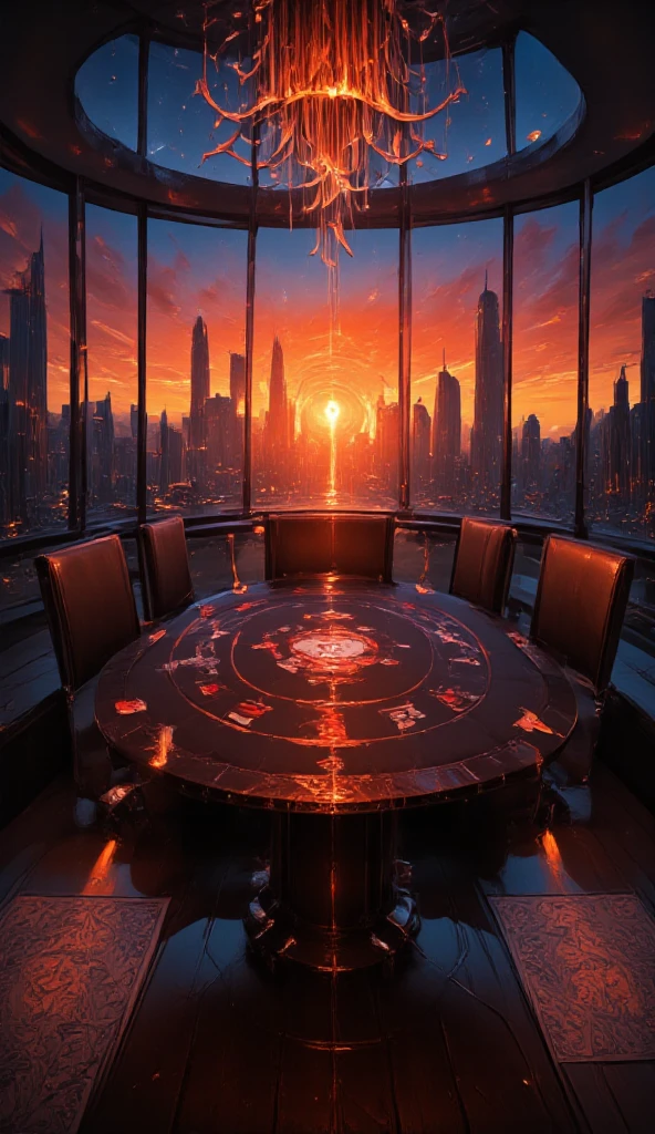 A high-end private casino room situated in a luxury skyscraper, captured at dusk with warm lighting and panoramic city views. The camera angle is centered and slightly elevated, showcasing a large, elegant oval-shaped blackjack or poker table with a rich black felt surface marked with clean, white game layouts and red and gold accents. The table is surrounded by sleek, modern leather chairs with curved backs and dark metallic bases placed evenly around the perimeter. Above the scene, a striking chandelier made of cascading vertical rods and multiple small warm bulbs creates a dramatic visual centerpiece, reflecting softly off the glass and marble surfaces. The walls consist entirely of floor-to-ceiling windows, offering a breathtaking sunset view over the city skyline. The sky glows in vibrant hues of orange, red, and purple, fading into deep blue as it reaches the top. Several iconic skyscrapers are visible, their lights beginning to twinkle as the city transitions into night. Rich, dark flooring with a soft reflective surface and plush area rugs adds warmth and sophistication to the space. The overall mood is refined, exclusive, and cinematic — a perfect blend of luxury, nightlife, and high-stakes ambiance.
