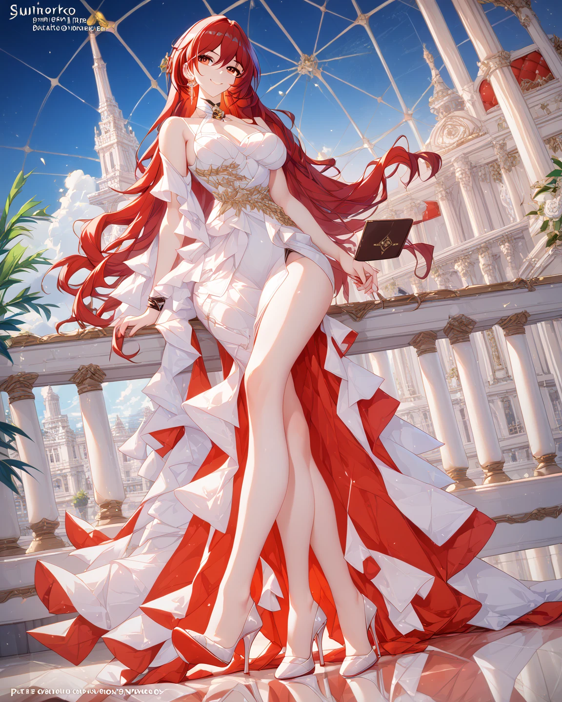 (a girl falling from the sky:1.0), (masterpiece:1.1), (perfect anatomy:1.1), best quality, concept art, detailed face, (1girl, solo:1.0), on back, sky-high, detailed background, (empty eyes:1.0),   {{{fullbody}}}, full body shot, long shot, high heel, 
gorgeous white gown, goddess, red thighhigh boots ,red hair, braid,
