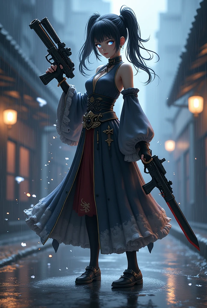 Anime girl with black and white hair white glowing eyes rain chinese dress x suit gun katana