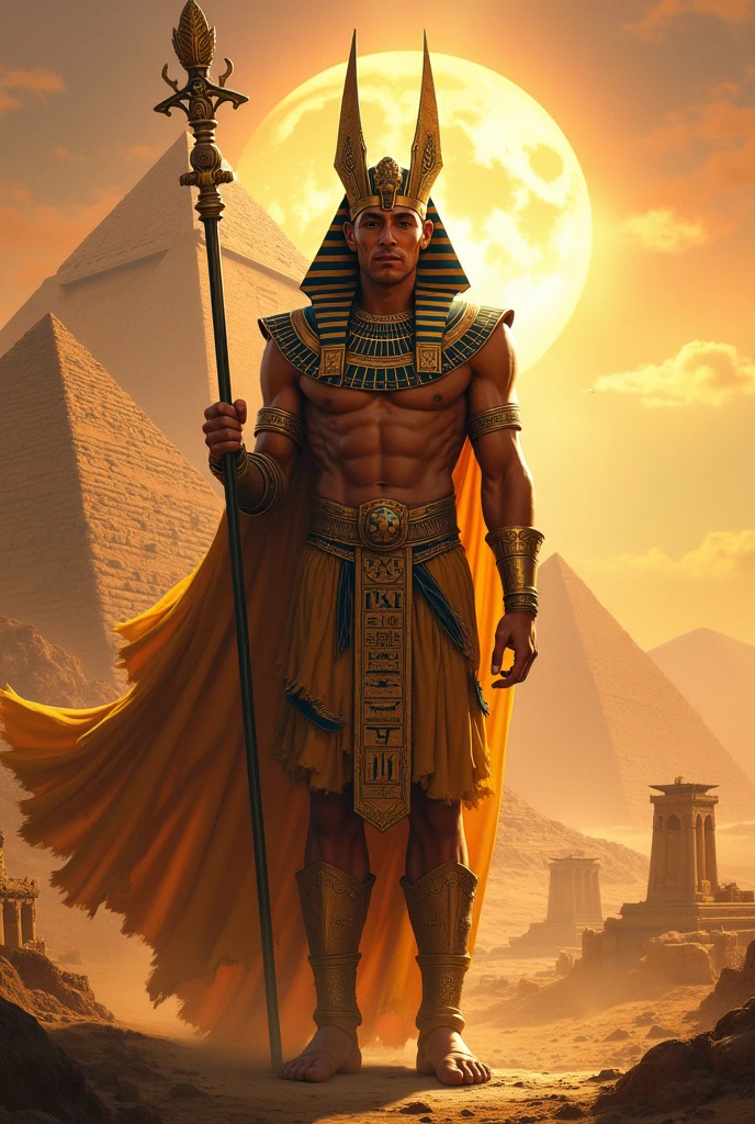 A stunning 3D render of the ancient Egyptian god Horus. He stands with his iconic falcon head, wearing the Double Crown of Egypt, and holding his traditional weapons, the crook and flail. The background is a mystical ancient Egyptian landscape, with a pyramid and sphinx in the distance. The sky is filled with golden stars, and the overall atmosphere is both mysterious and powerful., 3d render
