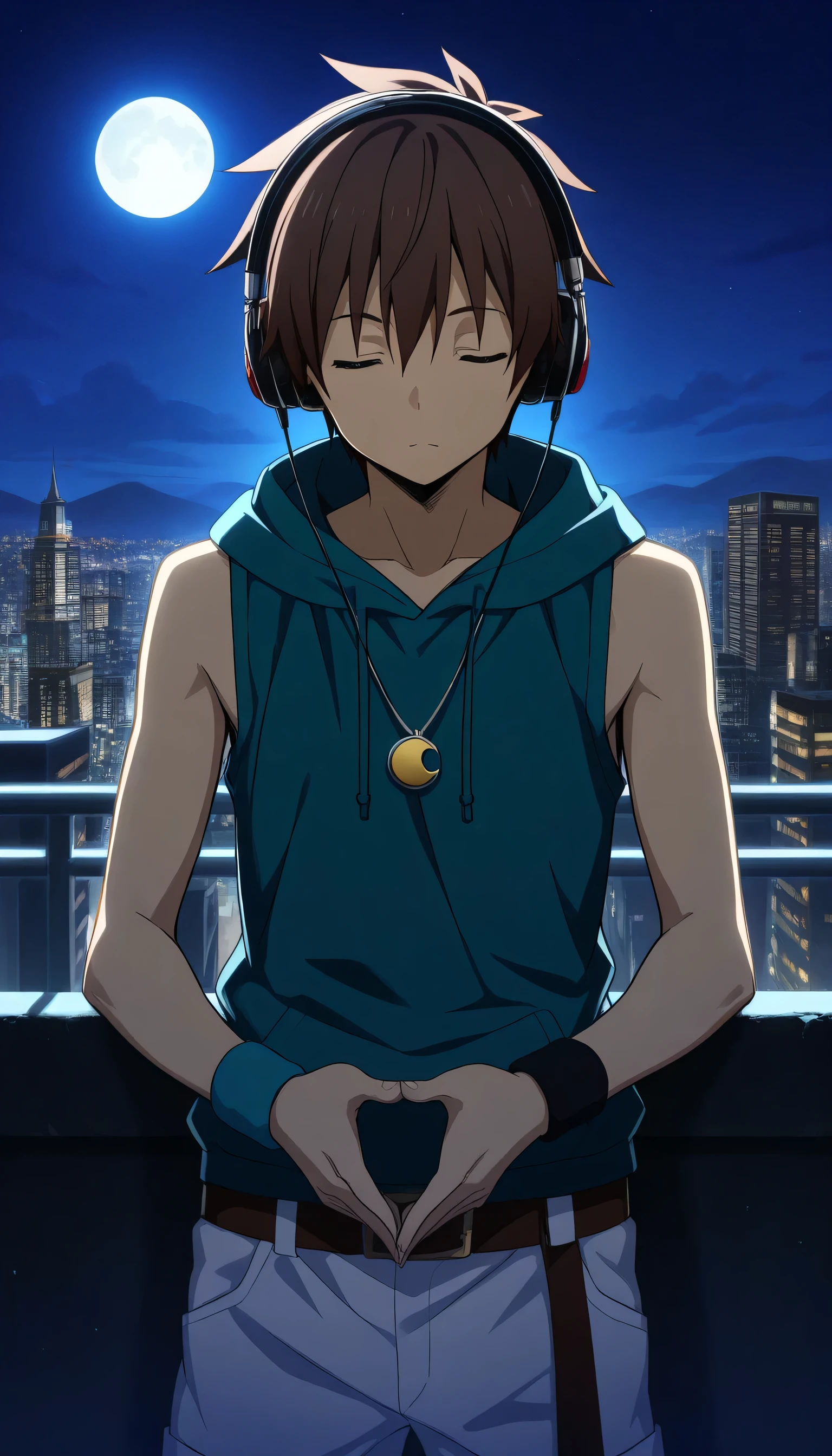 ,,Give your images flat even illumination (negative) or dramatic chiaroscuro lighting , 1boy, headphones, male_focus, closed_eyes, shorts, , belt,, , sleeveless,shorts, white shorts, looking at viewer ,hoodie, sleeveless hoodie, high collar, wristband , yellow ,,Nights, Moon ,kazuma satou, short hair, brown hair, City, Hands touching headphones,MP3 necklace
