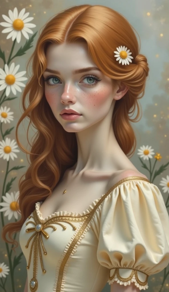 A realistic portrait of a 25 years old woman, with red hair in soft waves, light blue eyes, adorned with freckles, wearing a princess cream coloured dress with a honey coloured bodice with golden embroderies, a small golden daisy clip in the hair, a daisies fantasy wall in background, large sweet eyes, parted lips, 