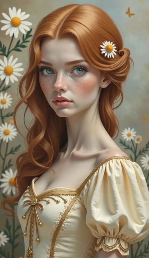 A realistic portrait of a 25 years old woman, with red hair in soft waves, light blue eyes, adorned with freckles, wearing a princess cream coloured dress with a honey coloured bodice with golden embroderies, a small golden daisy clip in the hair, a daisies fantasy wall in background, large sweet eyes, parted lips, 
