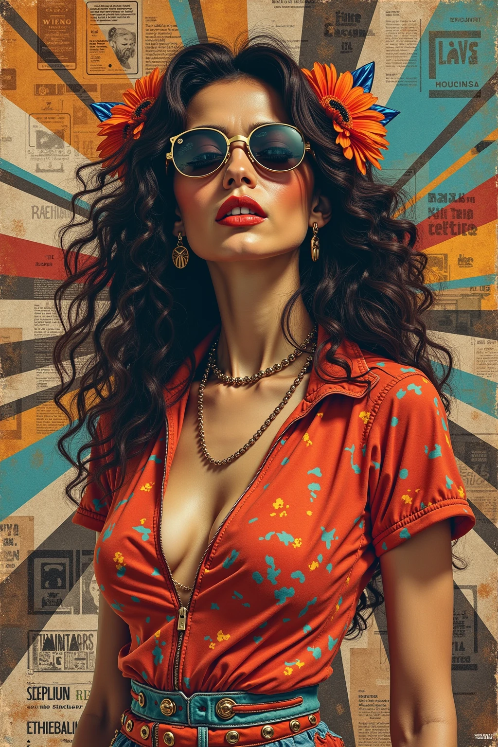 1970s style advertising, Retro-Collage-Revolution！Kunst, which revolutionizes the scene with magazine clippings and vintage materials、Apollo missions, route66, Free Sex、weiblich、Hippie, DaDaismus, Janis Joplin, J.F. Kennedy, New York Times, Zeitung, 