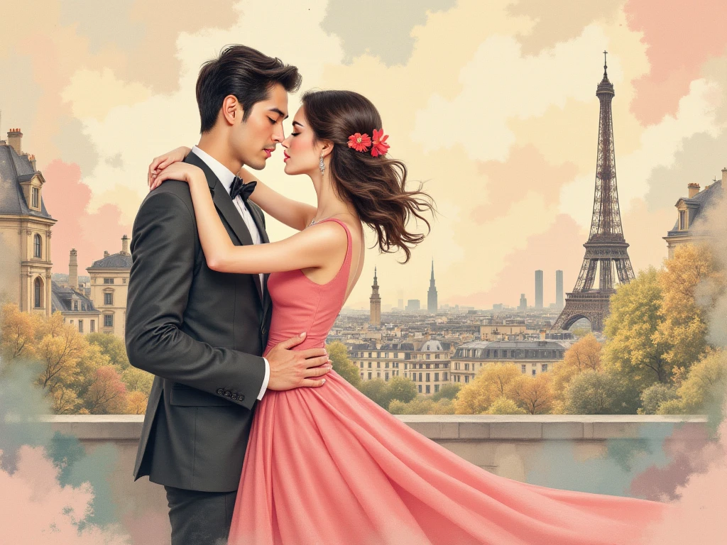 Showcast a beautiful paper collage with soft colors illustrating a romantic scene in Paris