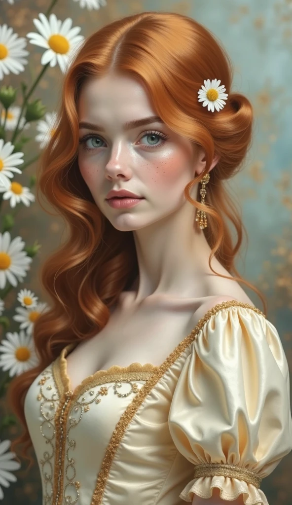 A realistic portrait of a 25 years old woman, with red hair in soft waves, light blue eyes, adorned with freckles, wearing a princess cream coloured dress with a honey coloured bodice with golden embroderies, a small golden daisy clip in the hair, a daisies fantasy wall in background, large sweet eyes, parted lips, 