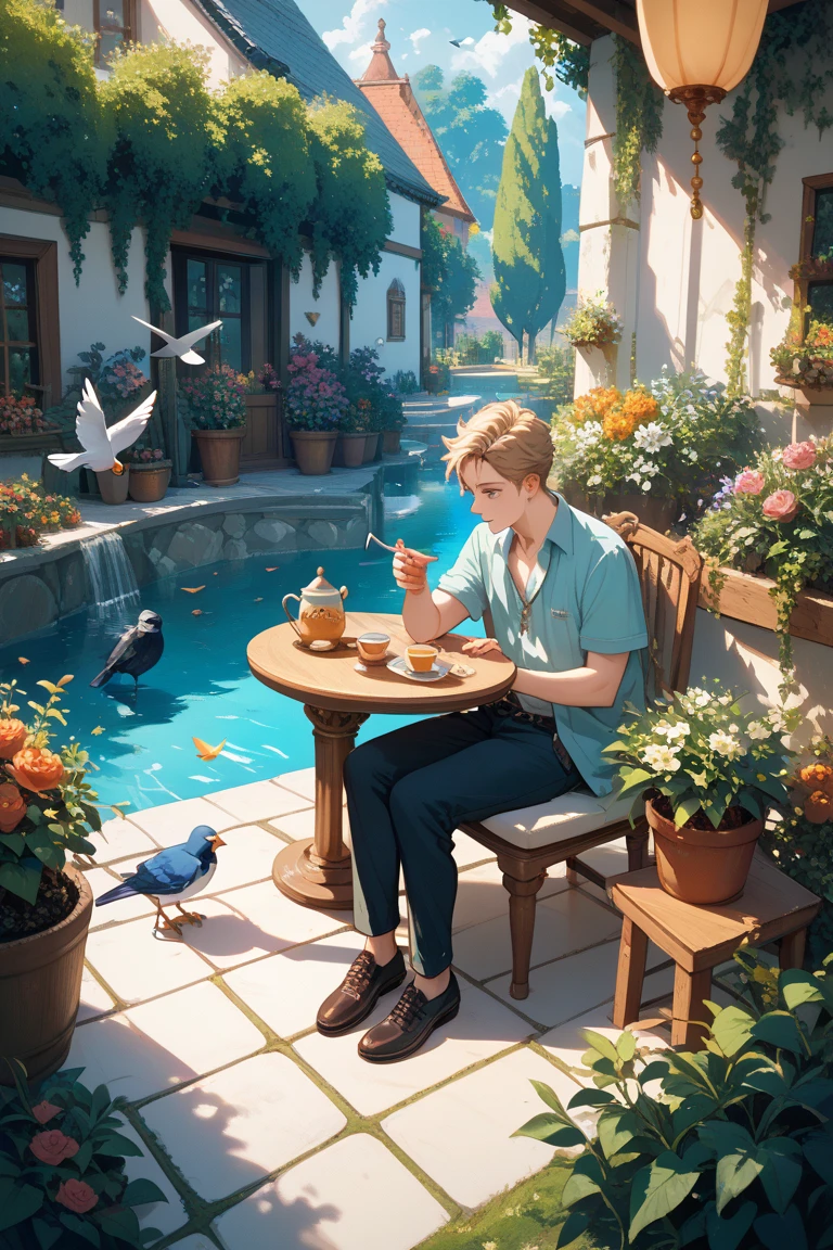 Illustration of an elegant tea time for two male members of the royal family
A tall young man drinking tea while sitting in a garden
A short young man trying to pour tea while standing beside a tall 　In a bird's-eye view of the composition