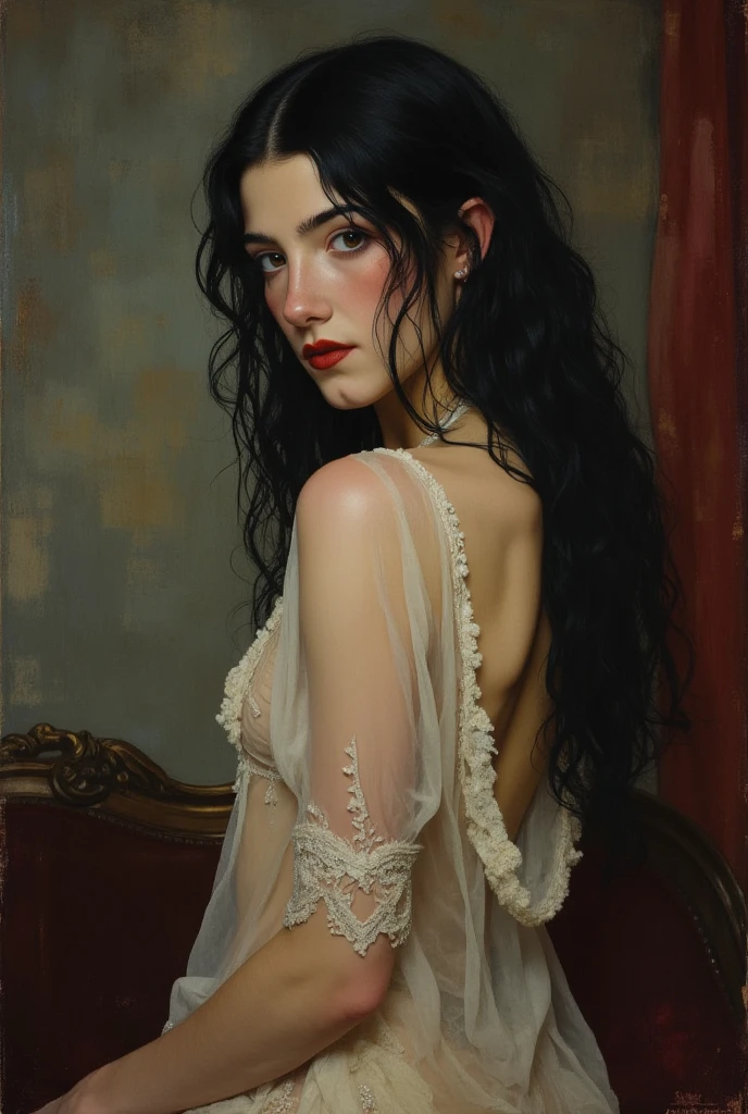 Créez un portrait de Carmilla par Sheridan Le Fanu, femme adolescente, longs cheveux frisés noirs, gothique. Elle porte une chemise de nuit transparente légère blanche laissant apercevoir ses mamelons.  Son expression est énigmatique , a blend of seduction, , and predatory hunger, as if she is both inviting and warning against her dark embrace. Small breast and deep cleveage. mamelons visibles. 19 ans. Expression sensuelle et timide. Nudité douce