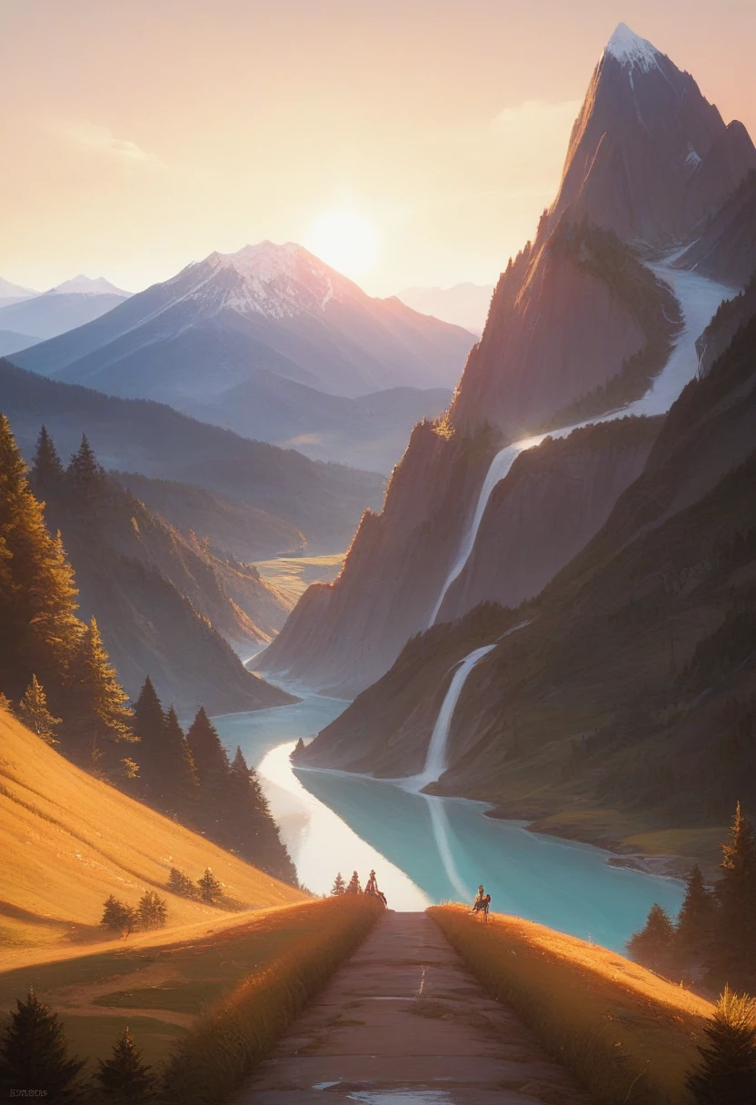 Nicholas Roerich drawing a picture of a mountain with a river and sun in the background, tree々and a path leading to a mountain with flowers ,  2021 Award-winning work , 2021 Award-Winning Works,  Inspired by Svetoslav Roerich , 2002 Award-winning work,  Mountain sunrise , by Meredith Dillman,  inspired by Ivan Bilibin,  Nicholas Roerich, was inspired by Paul Henry and painted a path leading to 