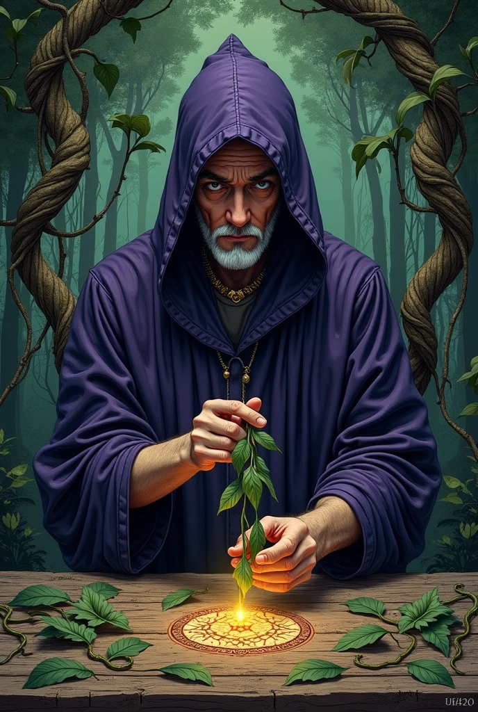 Mystical tarot card style illustration depicting “The Wizard”. A mysterious white man wears a dark purple hooded cape that partially covers his face. He is standing behind a rustic wooden table, in a natural environment with a magical and dark atmosphere. on the table, Mariri vines and leaves of Banisteriopsis caapi are arranged in a ritualistic, symbolizing ancient wisdom and connection with the divine. Man holding leaves in his hands. The man's expression is concentrated, as if in the midst of a sacred ritual. Ao fundo,  dense forest pattern with intertwined vines on the table and soft lights create an aura of hidden power. The image has deep, earthy tones, with an emphasis on black, dark green and golden touches. Picture made in vintage drawing.The style is psychedelic and mystical, like an esoteric tarot card