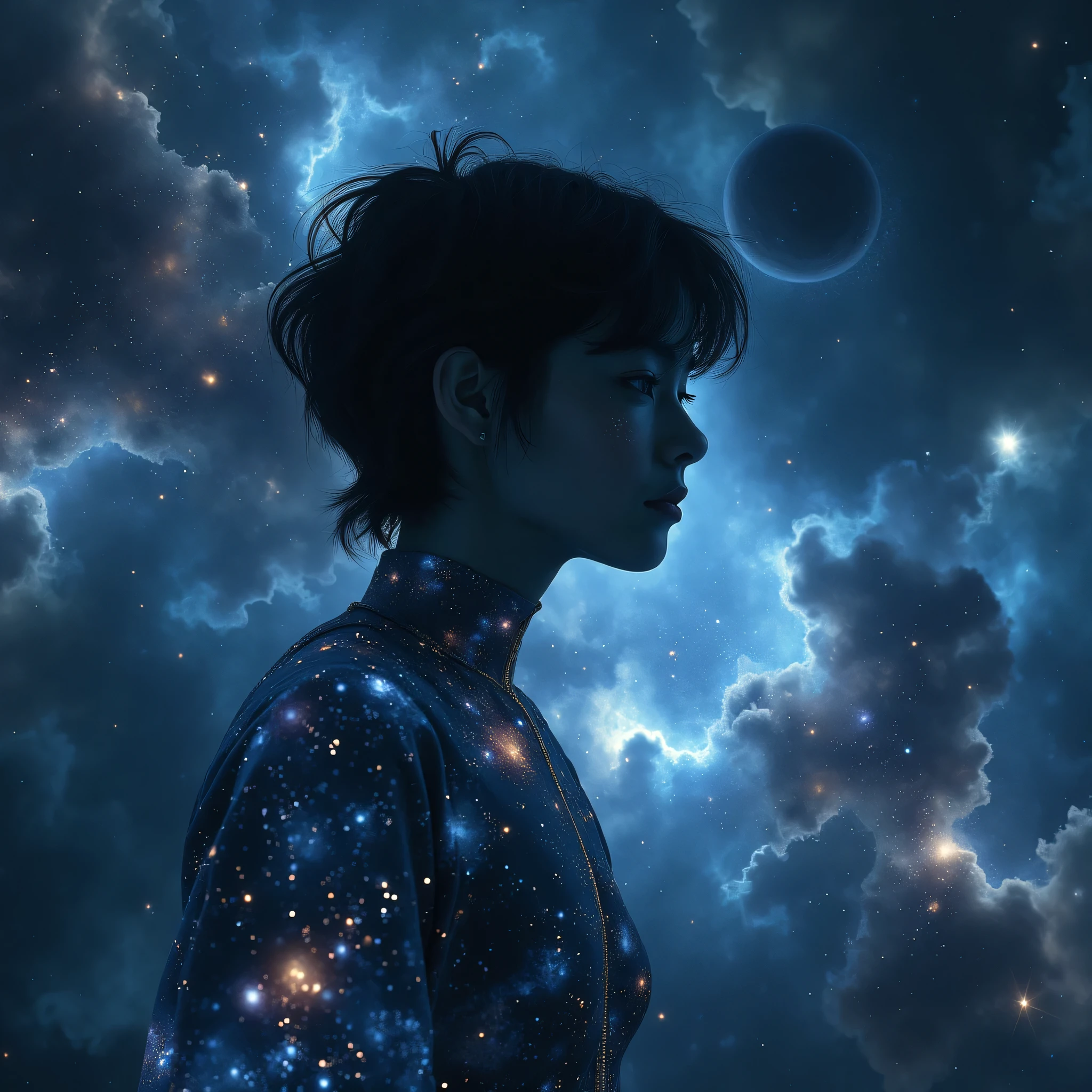  Silhouette in profile , short, unkempt hair, galaxy-themed costume, celestial patterns, Ethereal presence, sideways glance, starry sky background, shades of deep blue, Cosmic brightness, faint constellations, Dream environment, harmonious blend of dark and light, subtle highlights on the face, tranquil atmosphere
