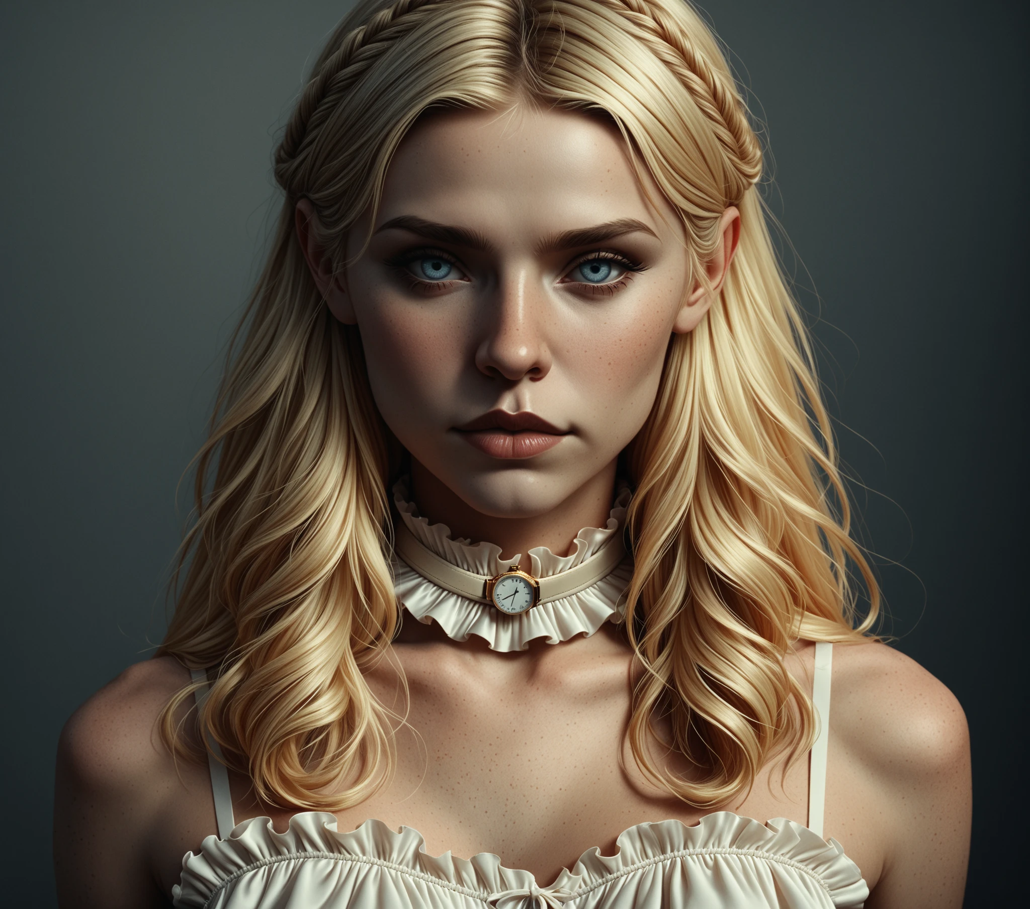 шедеINр,лучшее качестINо,потрясающее качестINо,very aesthetic,absurdress, ноINейшая ,detailed eyes, monochromINic_цINета,bright_цINета, realistic, body,
, face, portrait, watch_IN_peeler, ruffle blouse ,naked_waist, INысокая waist_panties, спортиINный_hosiery, long_INолосы, thin INолосы, medium part _INолосы,Dark_blonde,  pinup_позироINание