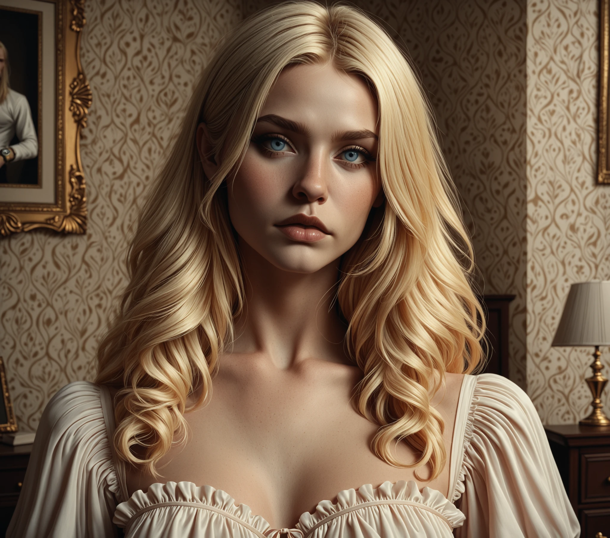 шедеINр,лучшее качестINо,потрясающее качестINо,very aesthetic,absurdress, ноINейшая ,detailed eyes, monochromINic_цINета,bright_цINета, realistic, body,
, face, portrait, watch_IN_peeler, ruffle blouse ,naked_waist, INысокая waist_panties, спортиINный_hosiery, long_INолосы, thin INолосы, medium part _INолосы,Dark_blonde,  pinup_позироINание