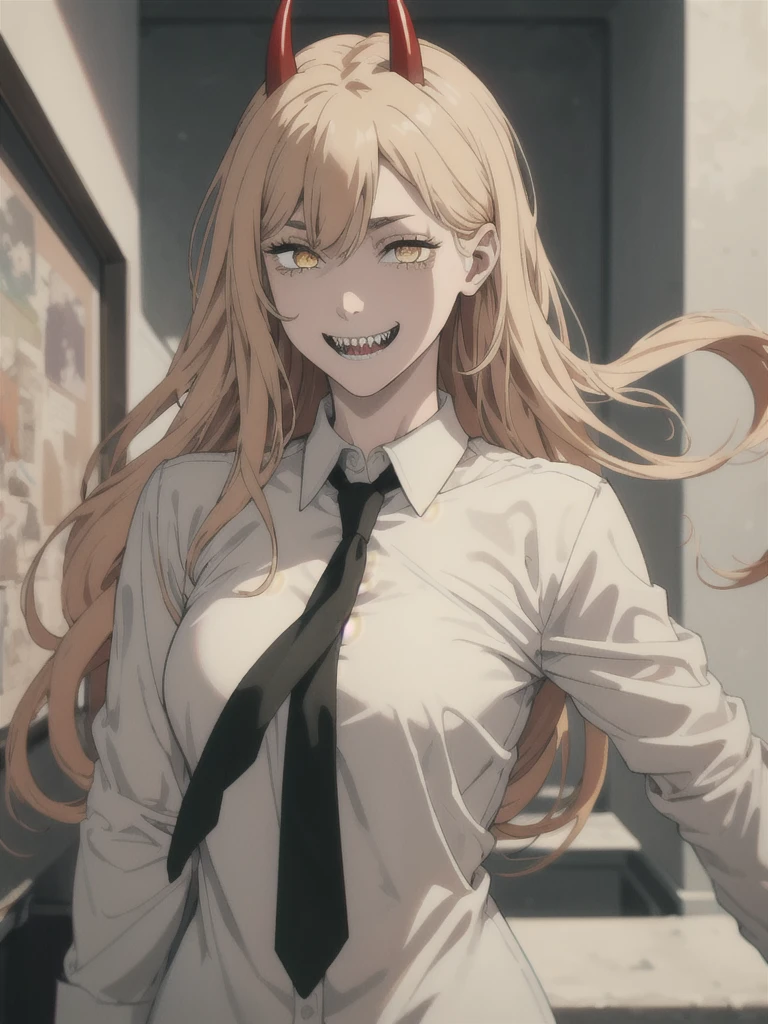 (best quality), (masterpiece), (solo), 1girl, power_csm, blonde hair, yellow eyes, cross-shaped pupils, symbol-shaped pupils, red horns, white buttoned shirt, black necktie, sharp teeth, grin, 
